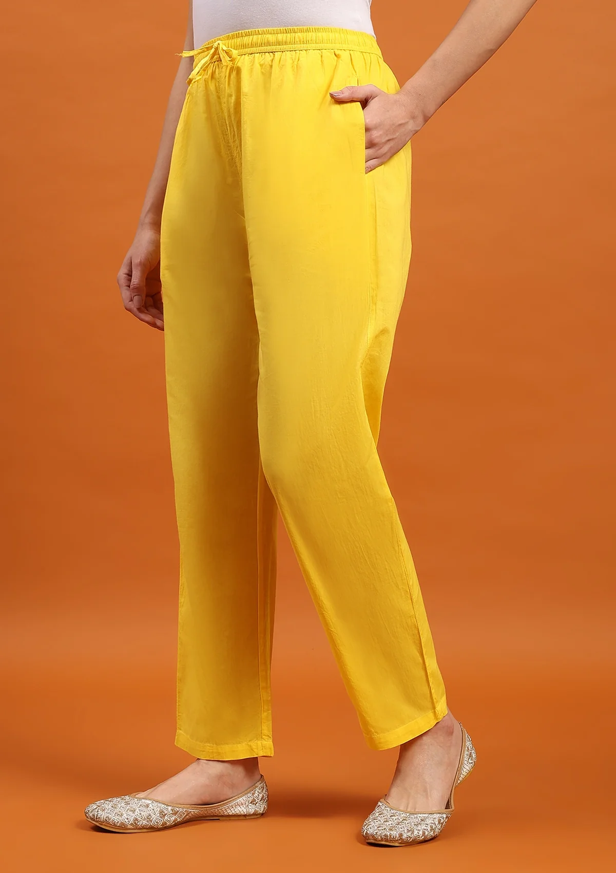 HOC Cotton Solid Women's Pants -Yellow - Healthber