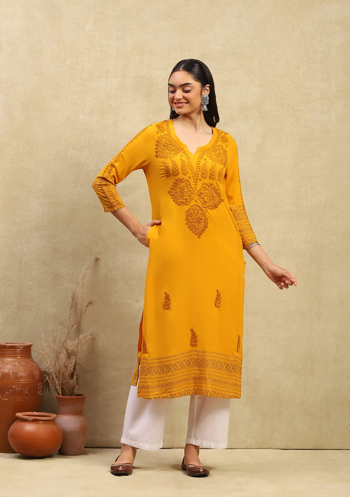 HOC Rayon Chikankari Printed Women's Long Kurta - Mustard Yellow - Healthber