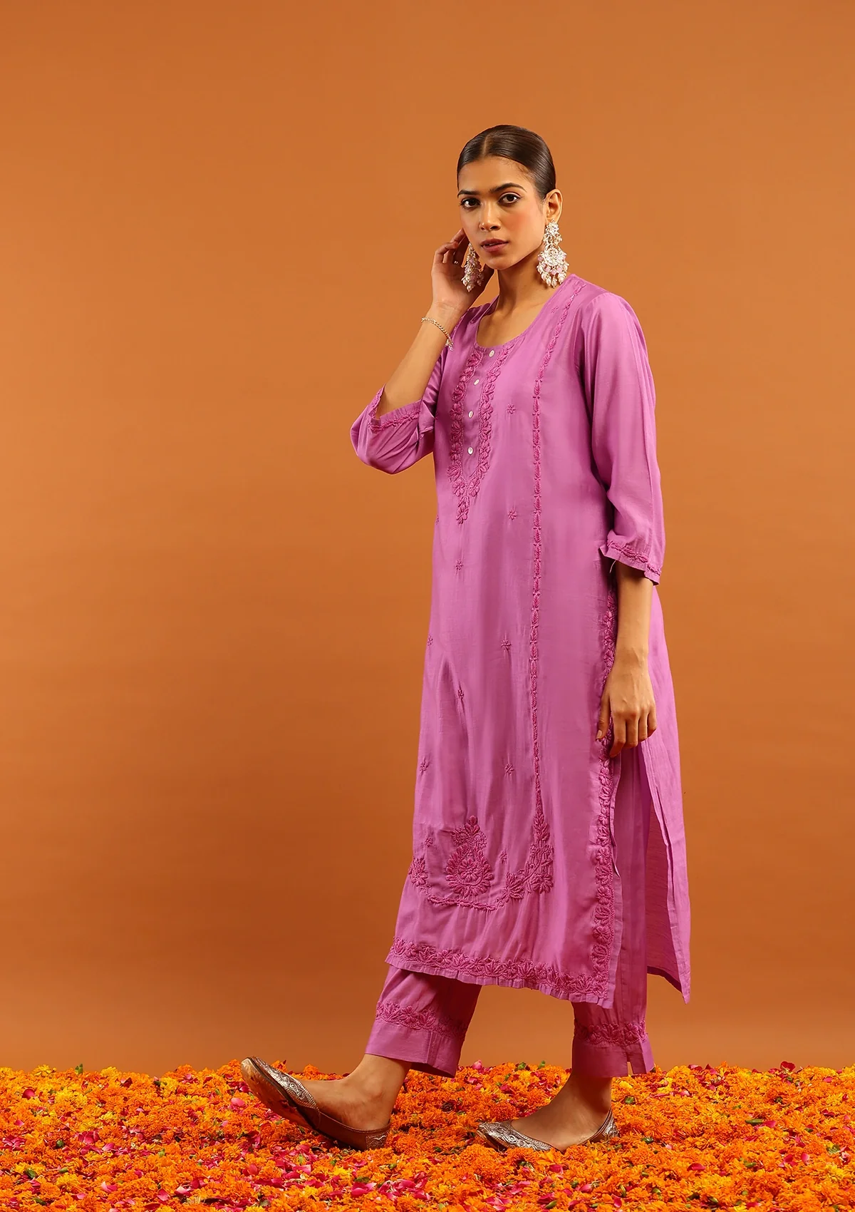 HOC Chanderi Chikankari Solid Women's 2 PC Long Kurta Set - Purple - Healthber