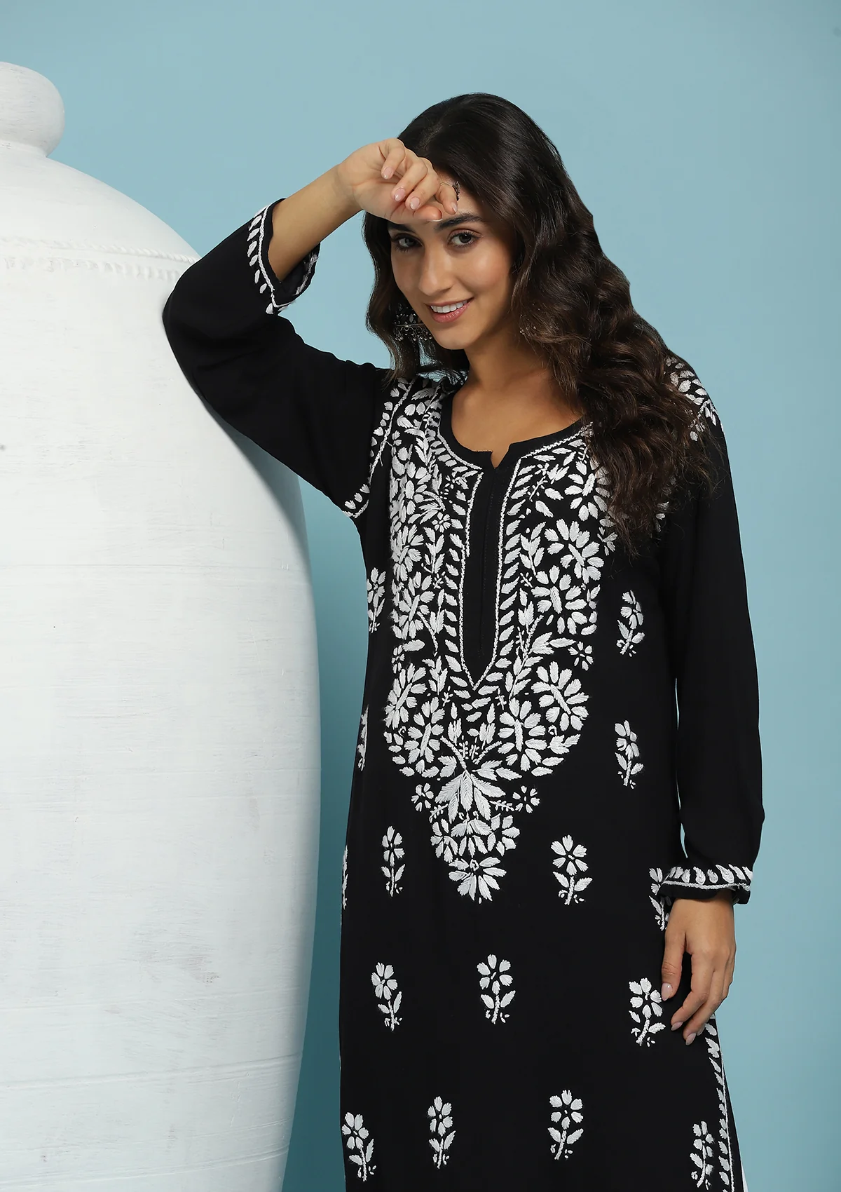 HOC Rayon Chikankari Solid Women's Long Kurta - Black - Healthber