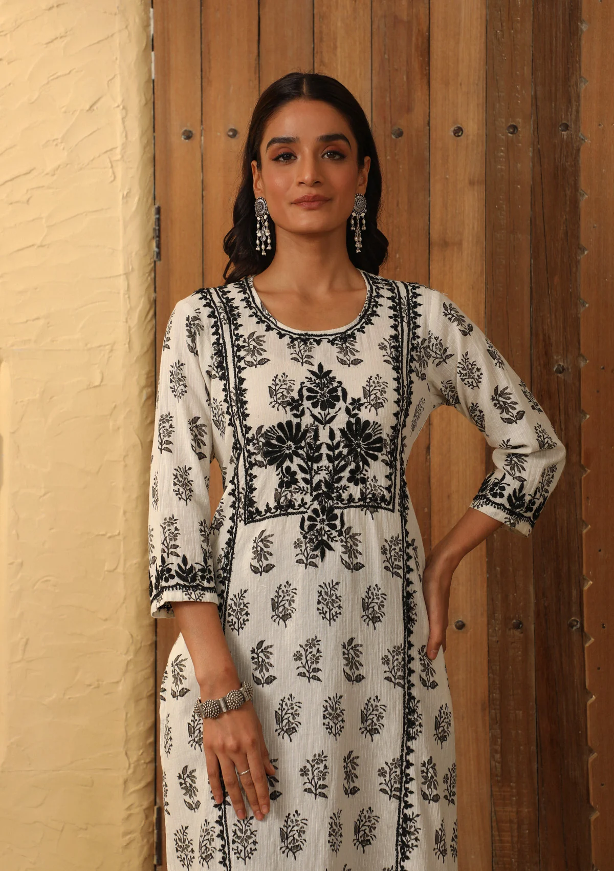 HOC Cotton Chikankari Printed Women's Long Kurta - White - Healthber