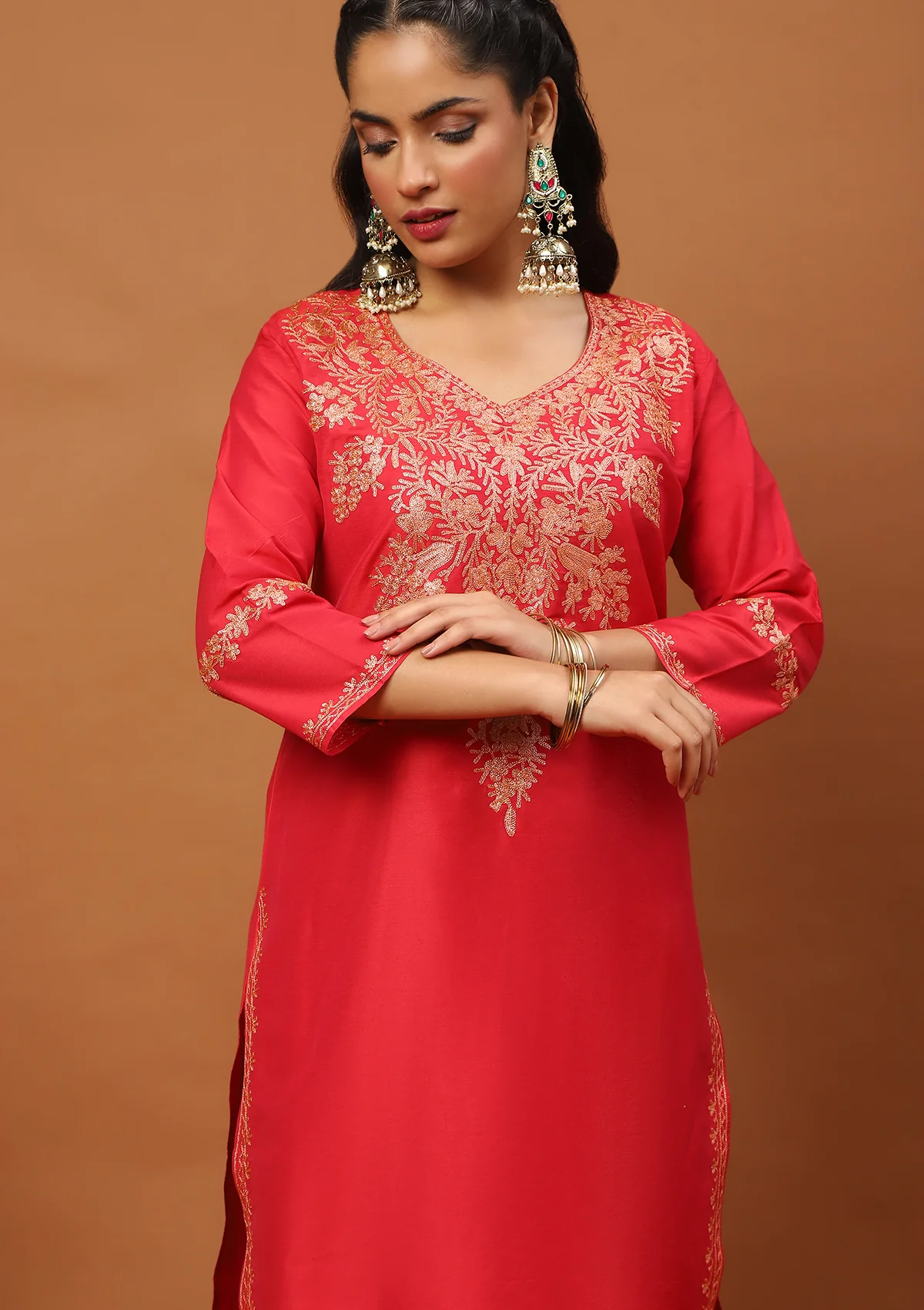 HOC Art Silk Embroidered Zari Work Solid Women's 2 PC Long Kurta Set - Red - Healthber