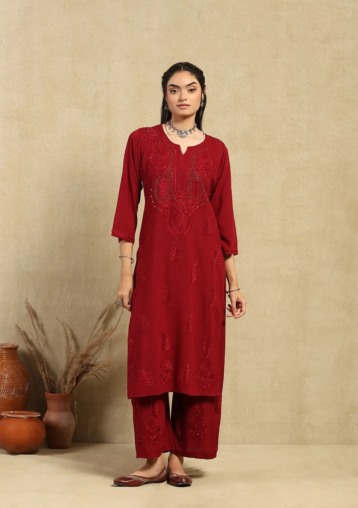 HOC Rayon Chikankari Mukaish Solid Women's 2PC Long Kurta Set-Maroon - Healthber