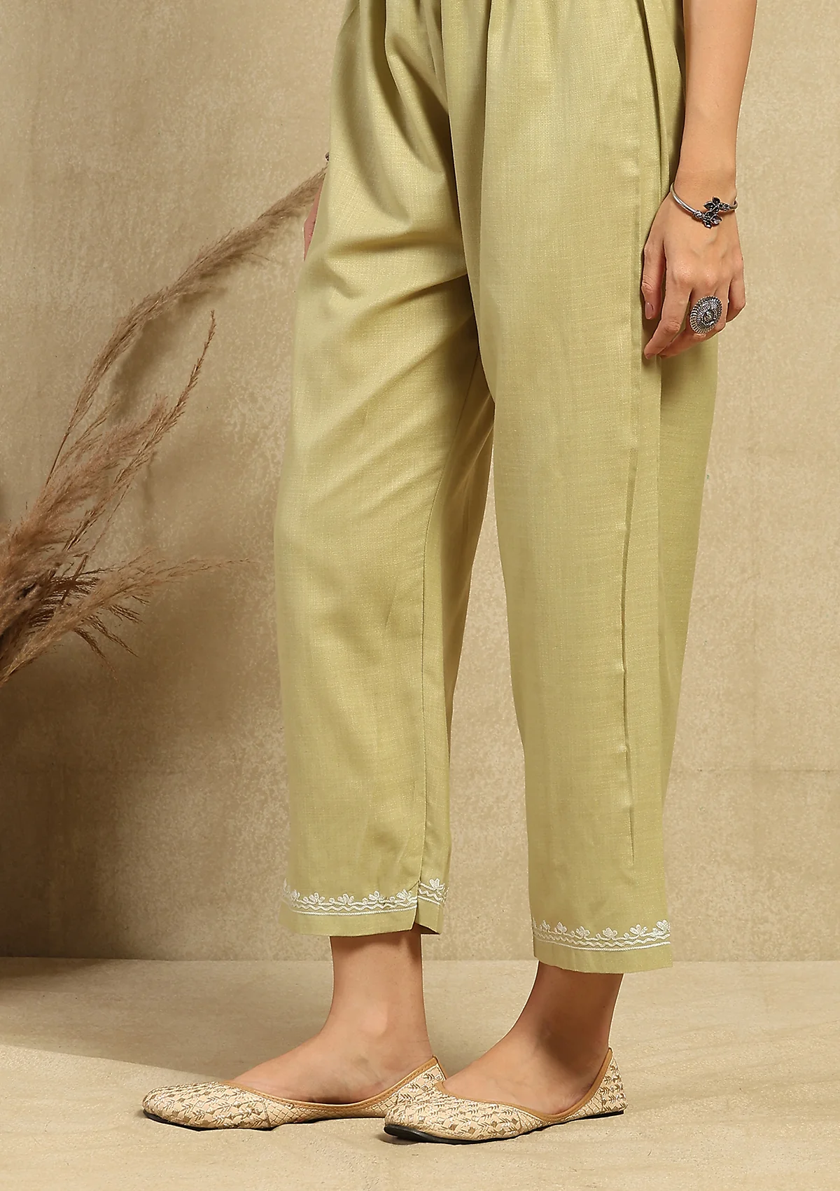 HOC Cotton Aari Embroidered Solid Women's 2 PC Long  Kurta Set - Green - Healthber