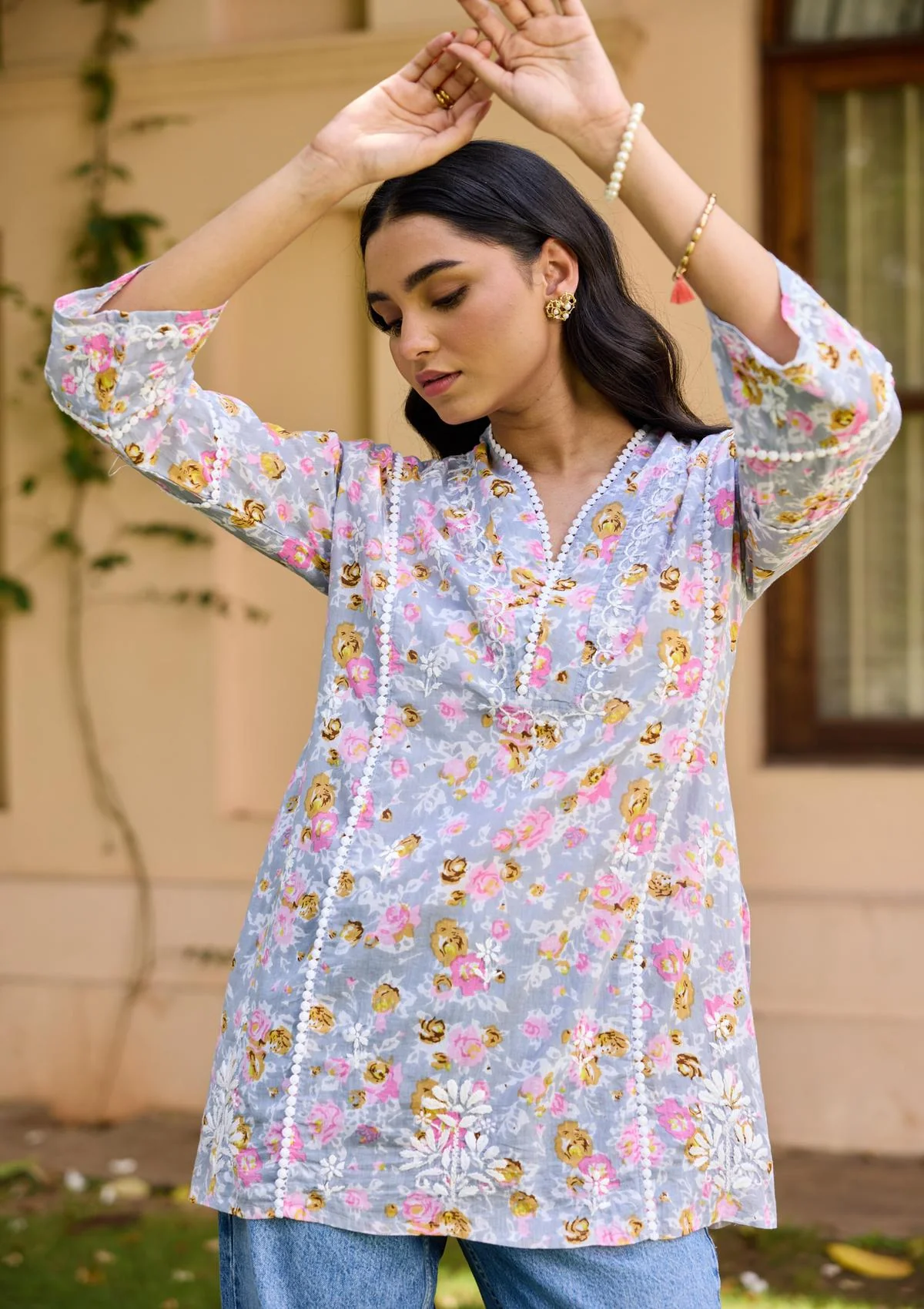 HOC Cotton Chikankari Printed Women's Short Kurta - Grey - Healthber