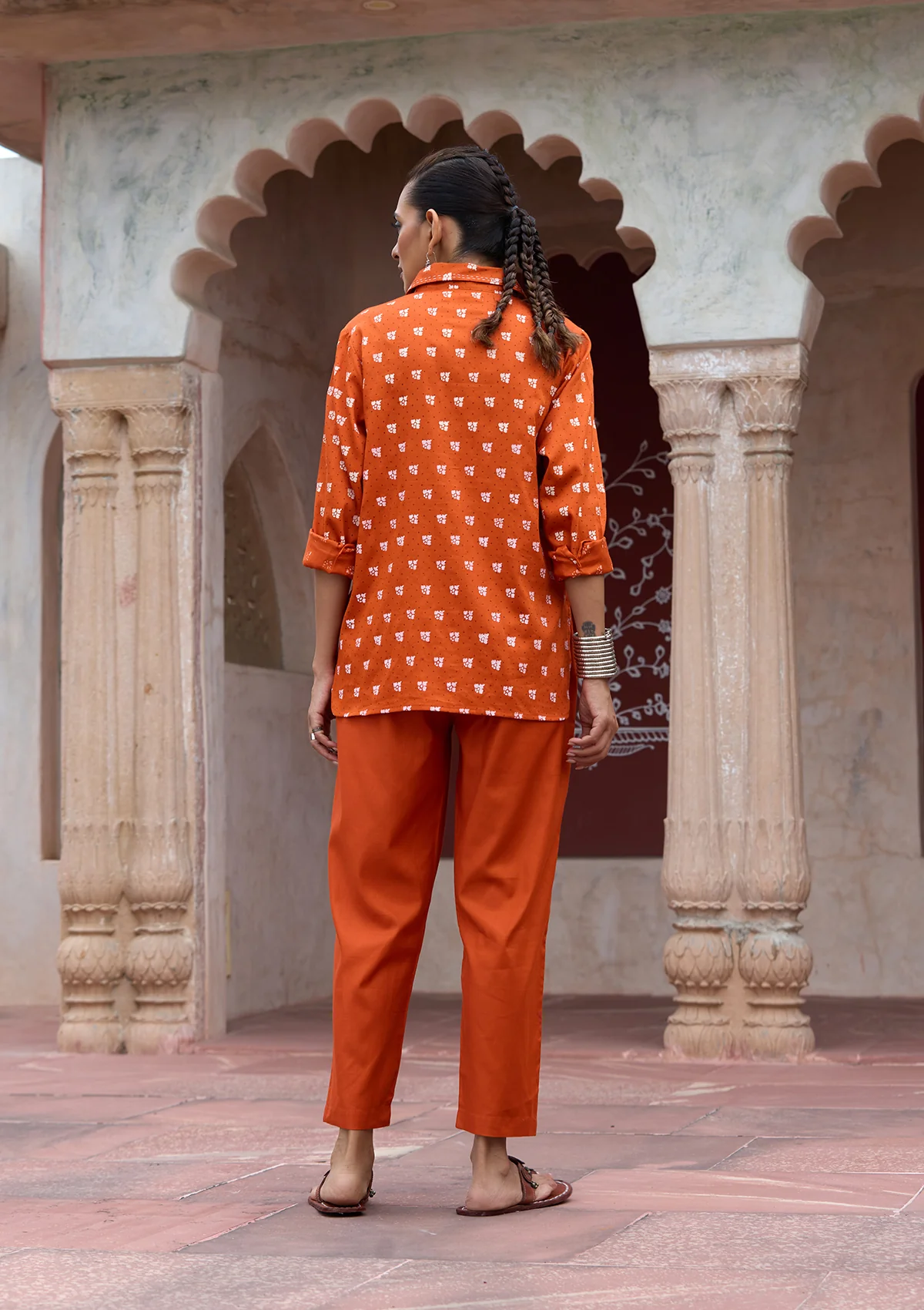 HOC Glazed Cotton Hand Block Printed with Hand Embroidery Women's 2 PC Co-ord Set - Orange - Healthber