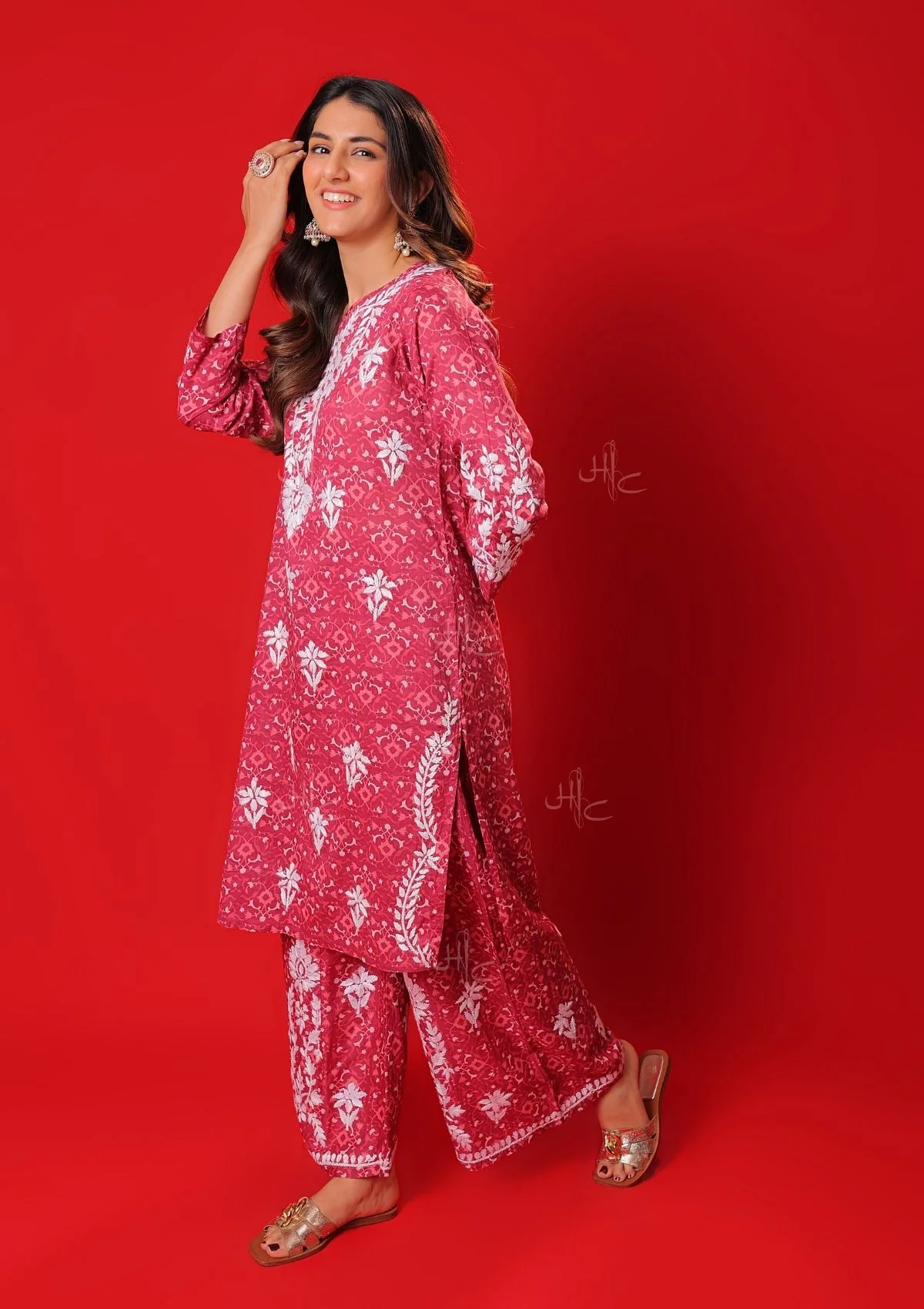 HOC Meher Mulmul Chikankari Printed Women's 2 PC Short Kurta Set - Pink - Healthber