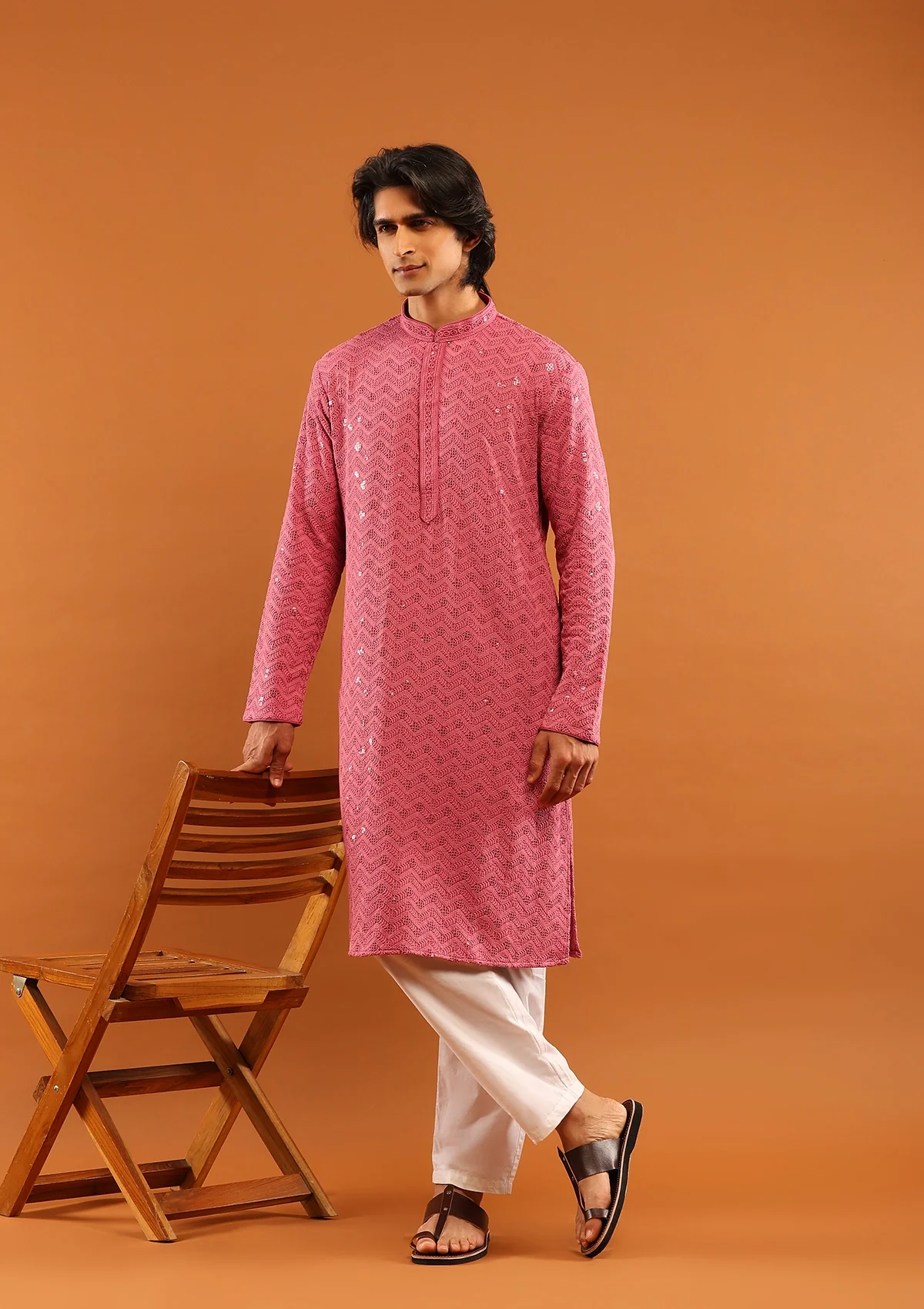 HOC Rayon Embroidered With Sequins Solid Men's Long Kurta- Pink - Healthber