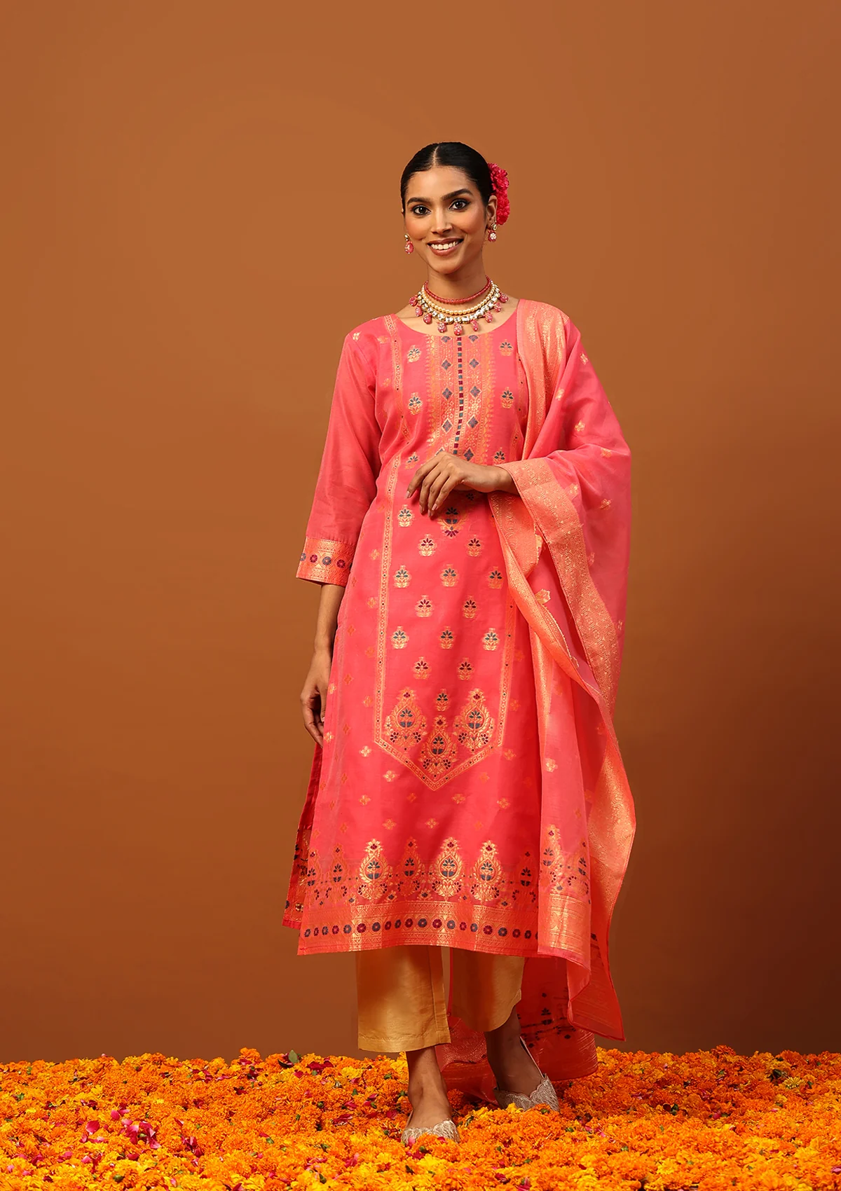 HOC Banarasi Chanderi Hand Weave Women's 3PC Long Kurta Set -Pink - Healthber