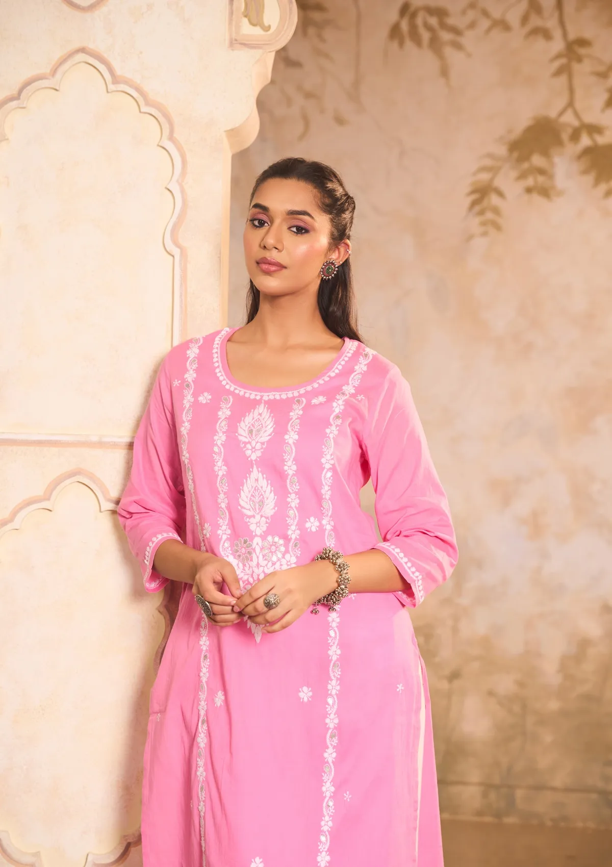 HOC Cotton Chikankari Gota Work Solid Women's Long Kurta -Pink - Healthber