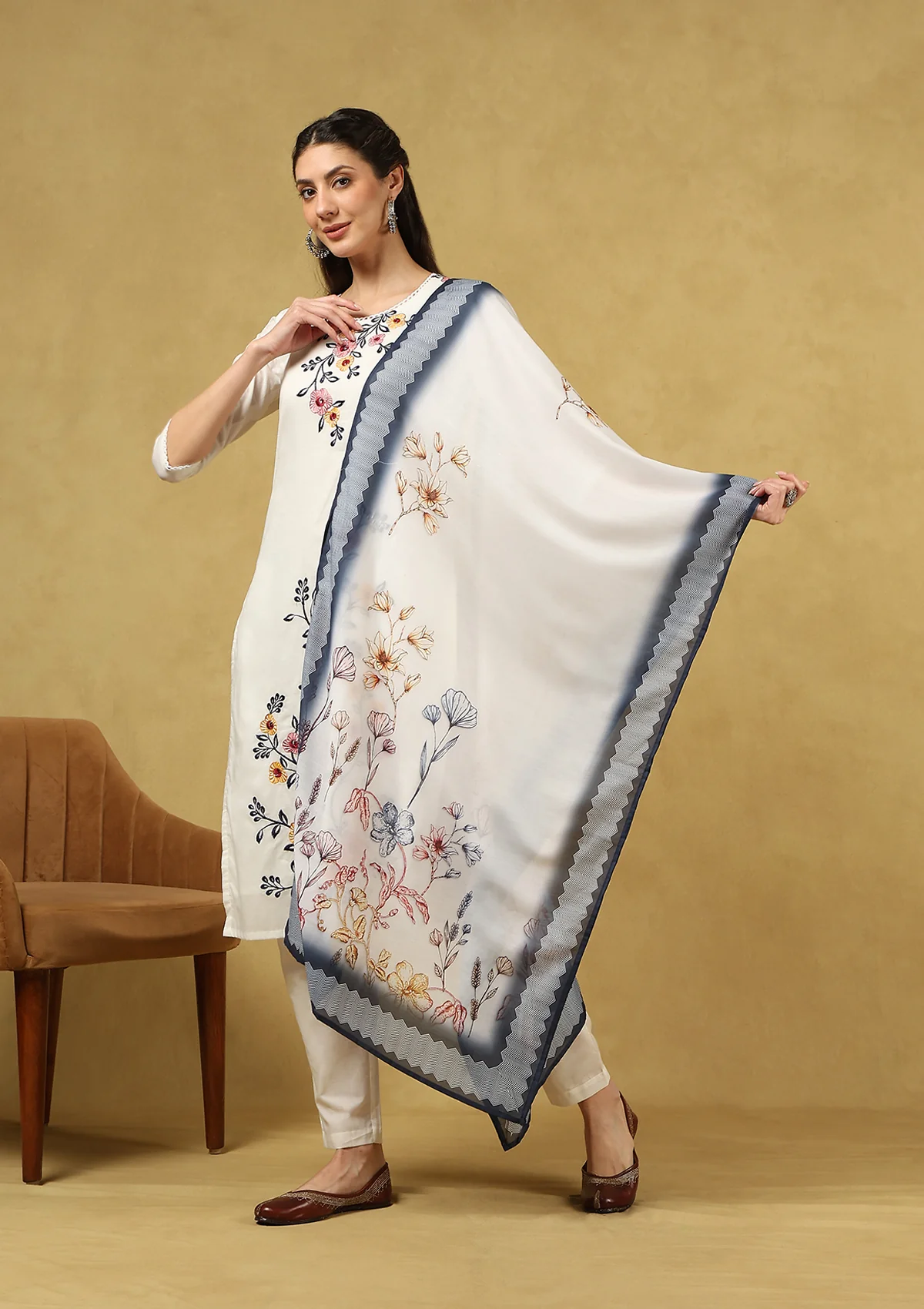 HOC Hand Embellished Cambric Cotton Printed Women's 3 PC Long Kurta Set with Dupatta - Off White - Healthber