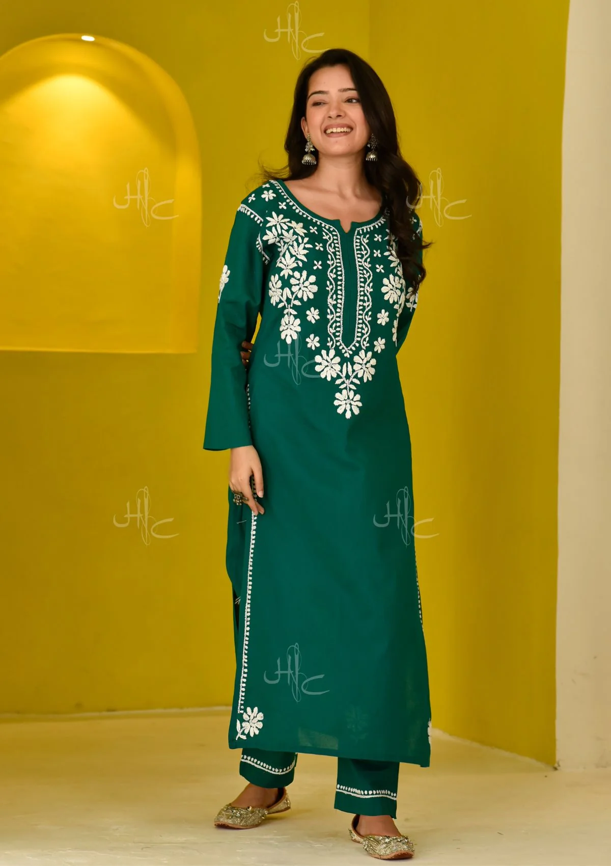 HOC Juhaina Chikankari Cotton Straight Set (Teal Green) - Healthber