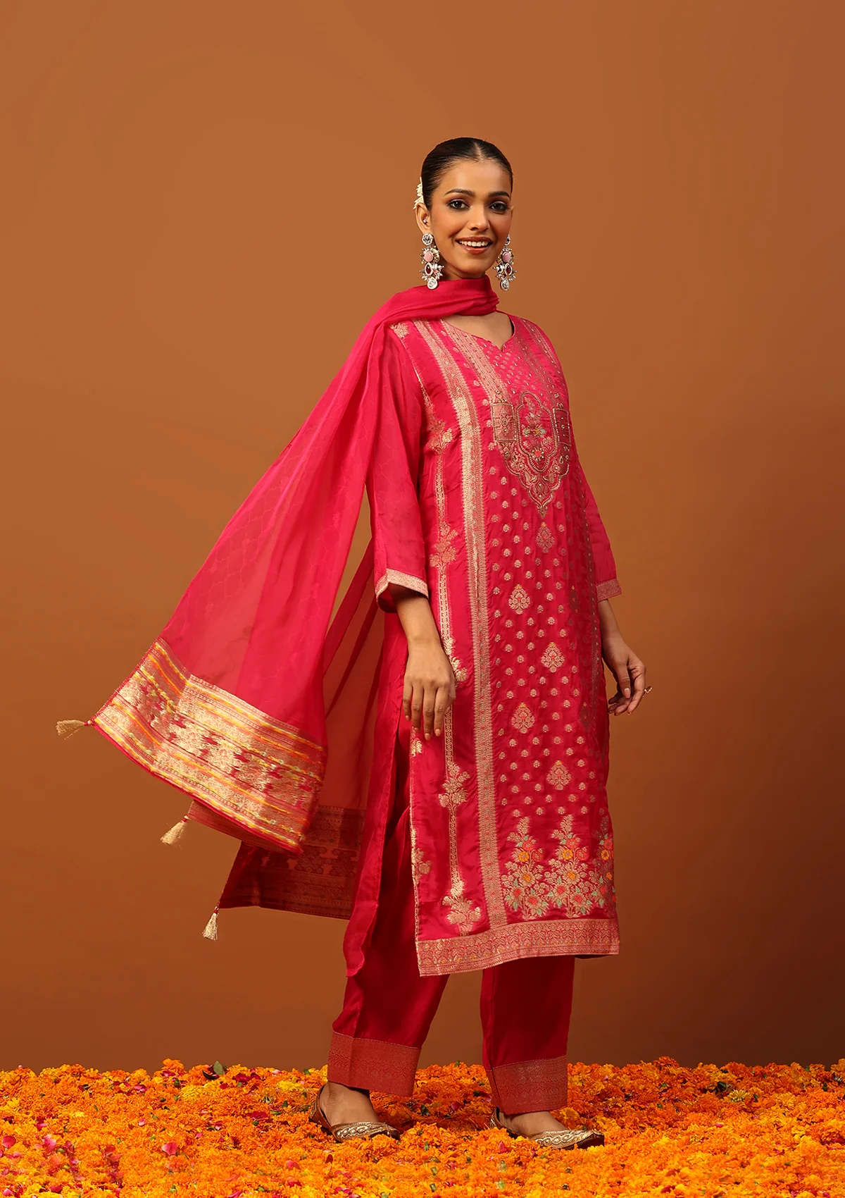 HOC Jacquard Organza Hand Embellished Women's 3 PC Straight Kurta Set - Magenta - Healthber