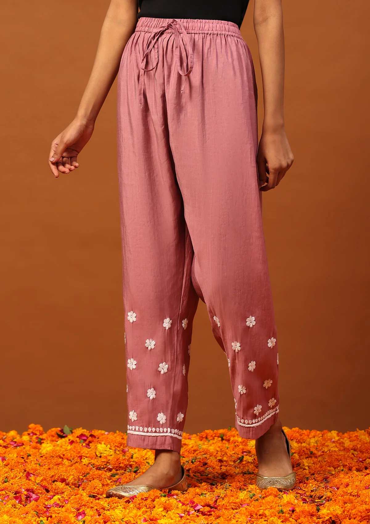 HOC Chanderi Chikankari Solid Women's 2 PC Long Kurta Set -Mauve - Healthber