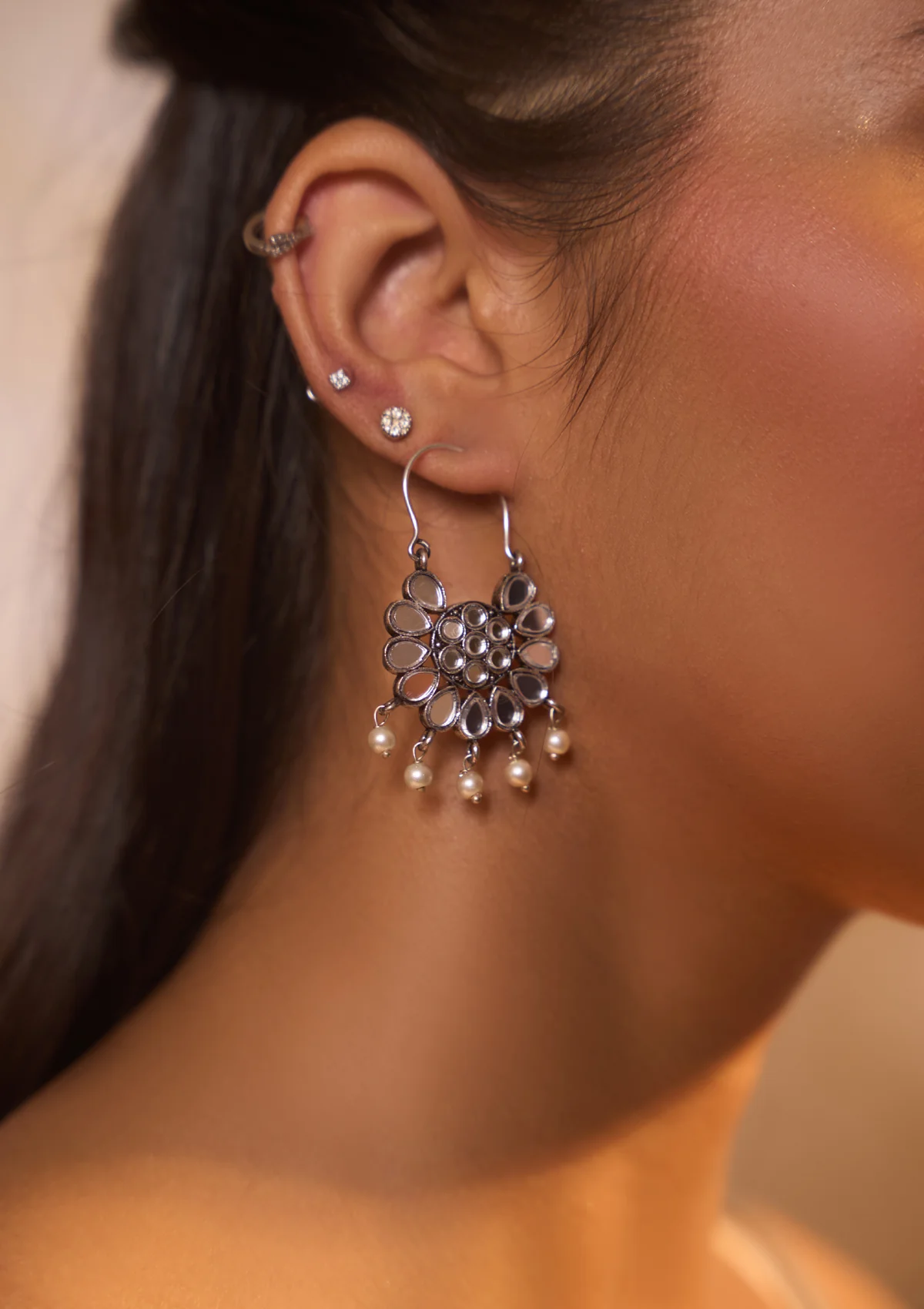 HOC Handcrafted Silver Tone Mirror Pearl Loop Earrings - Healthber