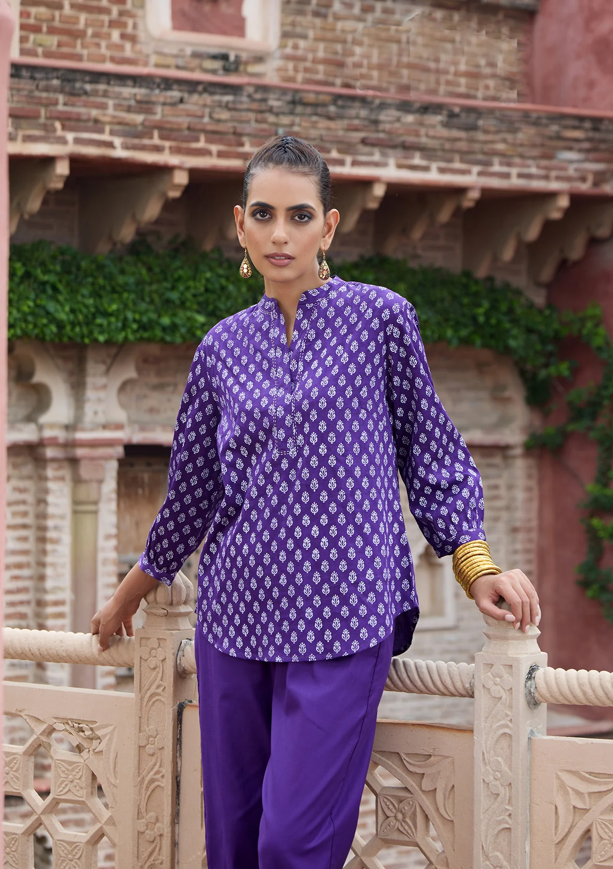 HOC Glazed Cotton Hand Block Printed with Hand Embroidery Women's 2 PC Co-ord Set - Dark Purple - Healthber
