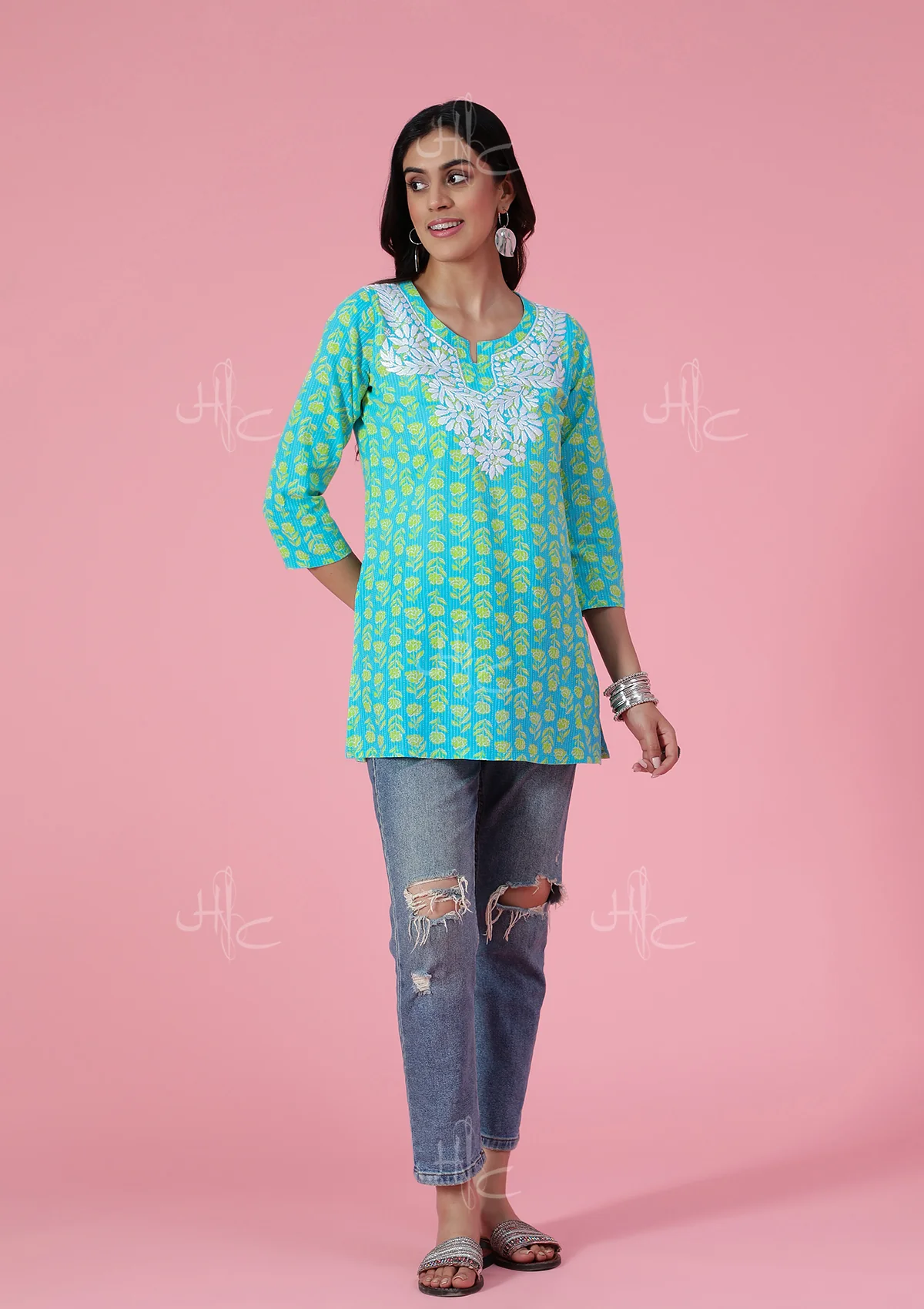 HOC Kantha Cotton Chikankari Printed Women's Short Kurta - Blue - Healthber