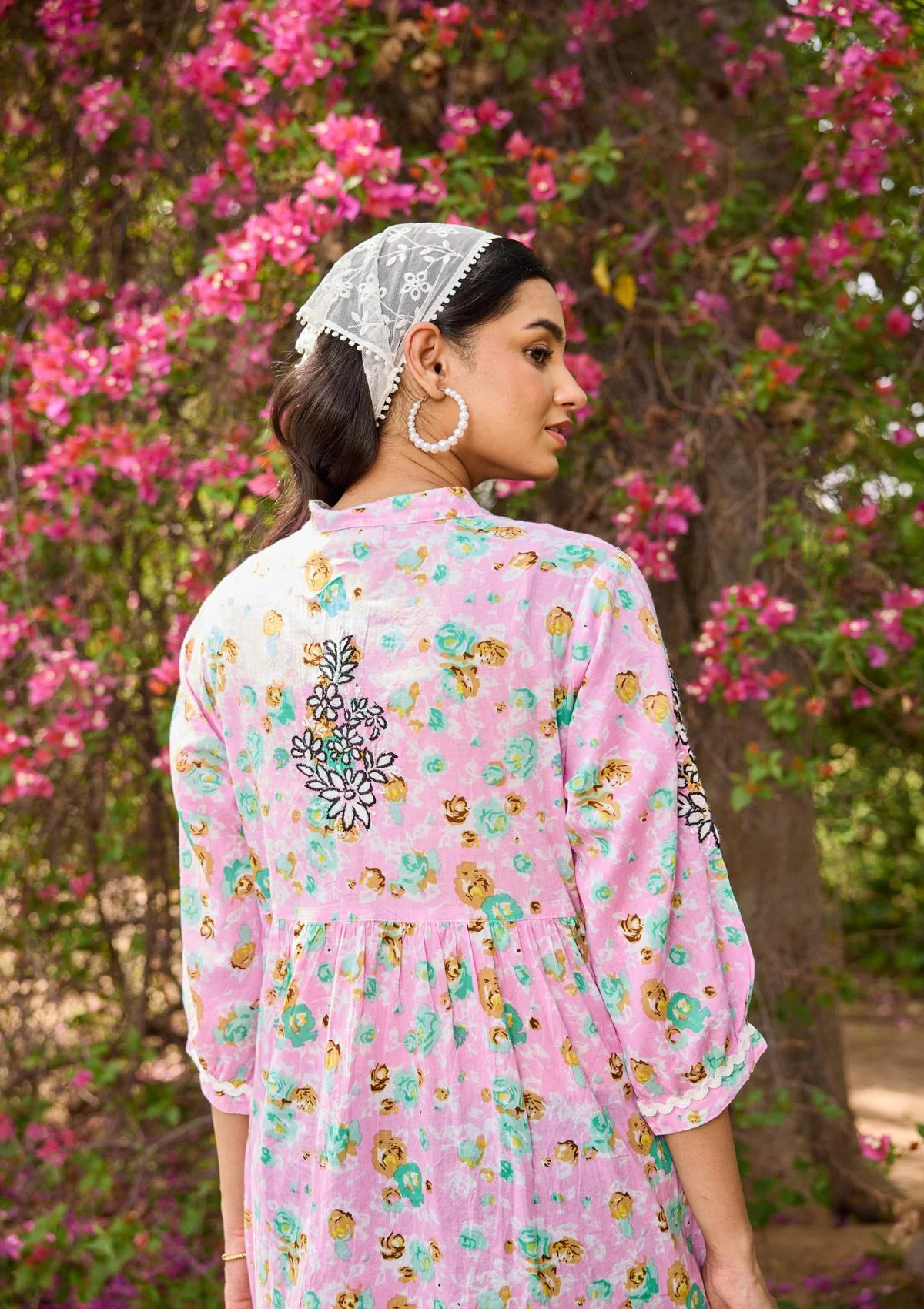 HOC Mulmul Chikankari Printed Women's Long Dress - Pink - Healthber