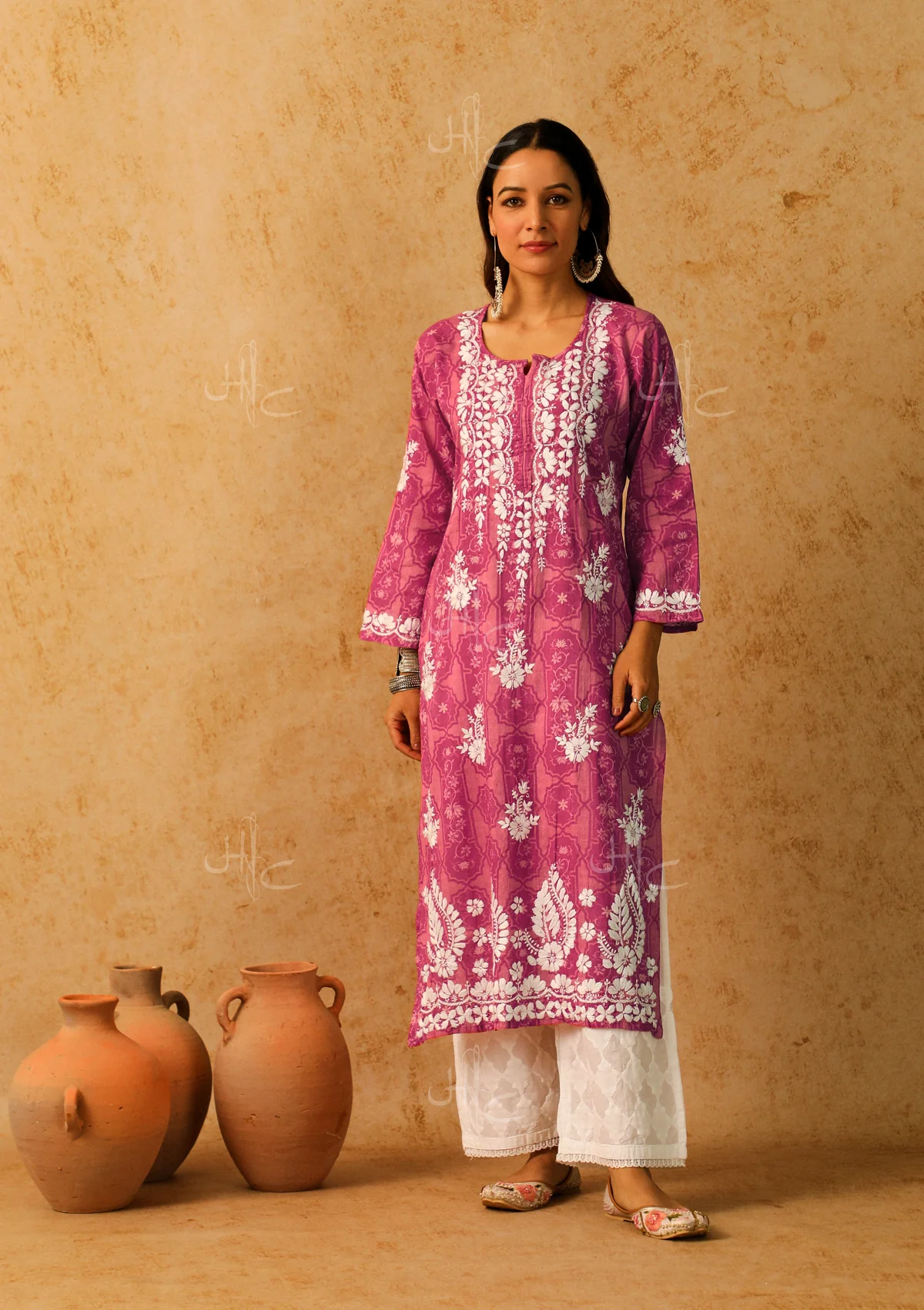 HOC Mulmul Chikankari Printed Women's Long Kurta - Pink - Healthber