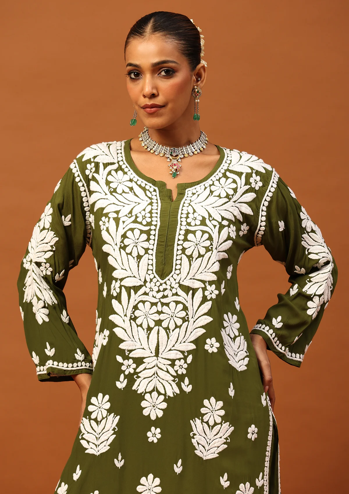 HOC Modal Chikankari Solid Women's 2 PC Long Kurta Set -Olive Green - Healthber