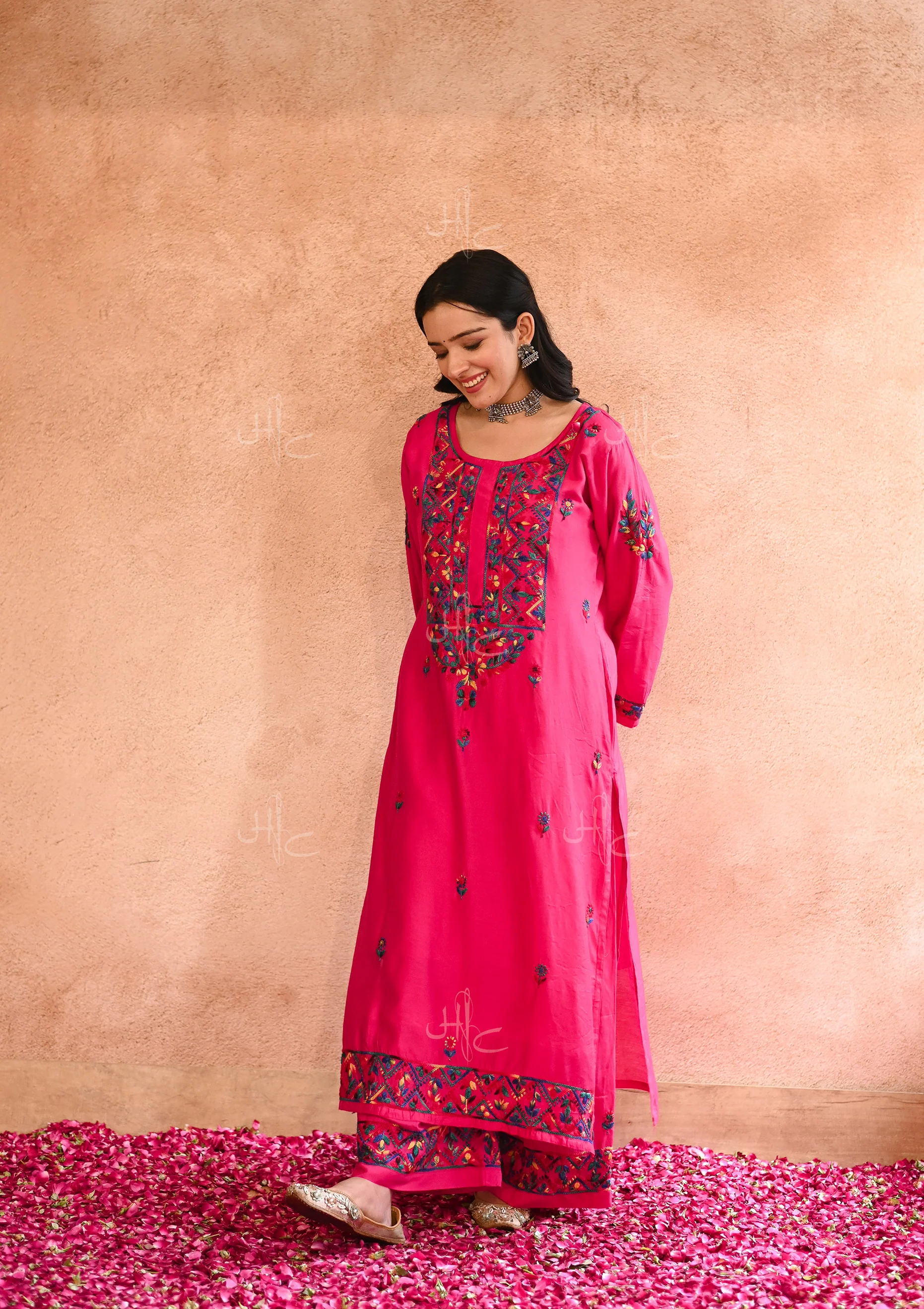 HOC Aafna Chikankari Chanderi Straight Kurta Set with Inner - Healthber