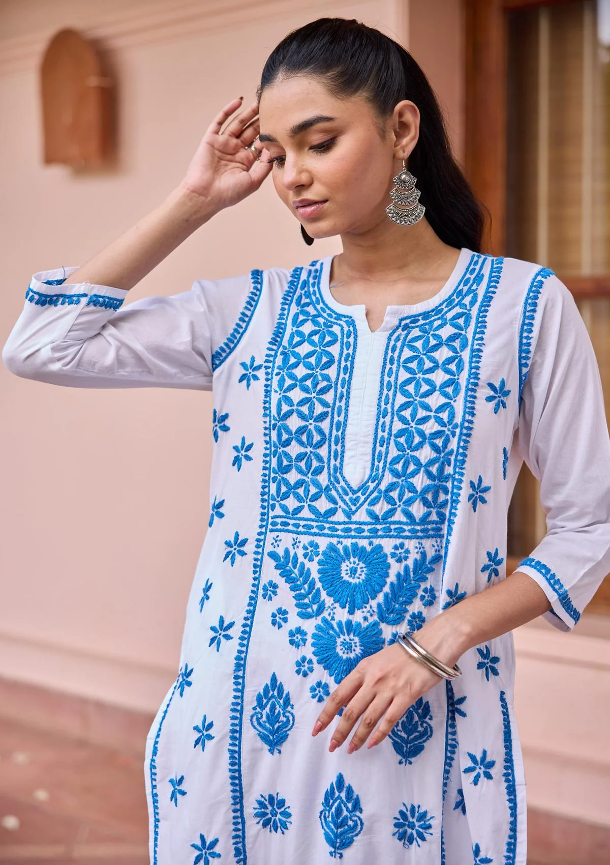 HOC Cotton Chikankari Solid Women's Long Kurta - White - Healthber