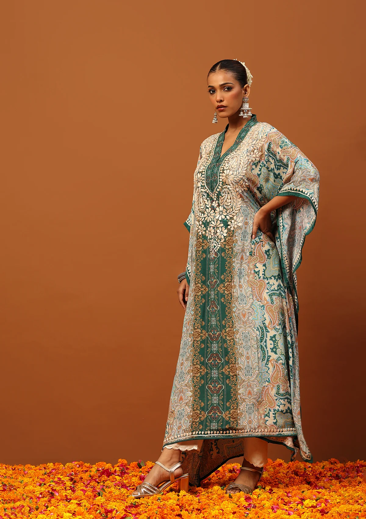 HOC Crepe Chikankari Printed Women's Kaftan -Green - Healthber