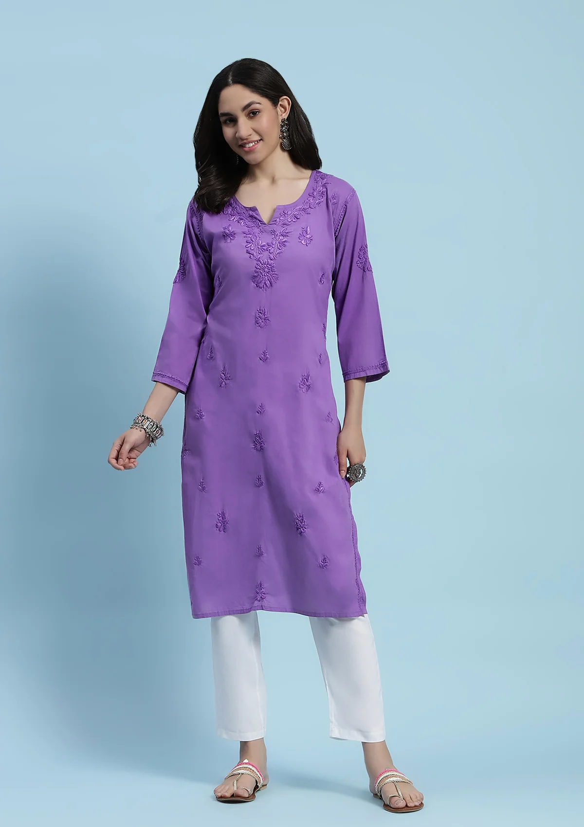 Cotton Chikankari Solid Women's Long Kurta - Purple - Healthber