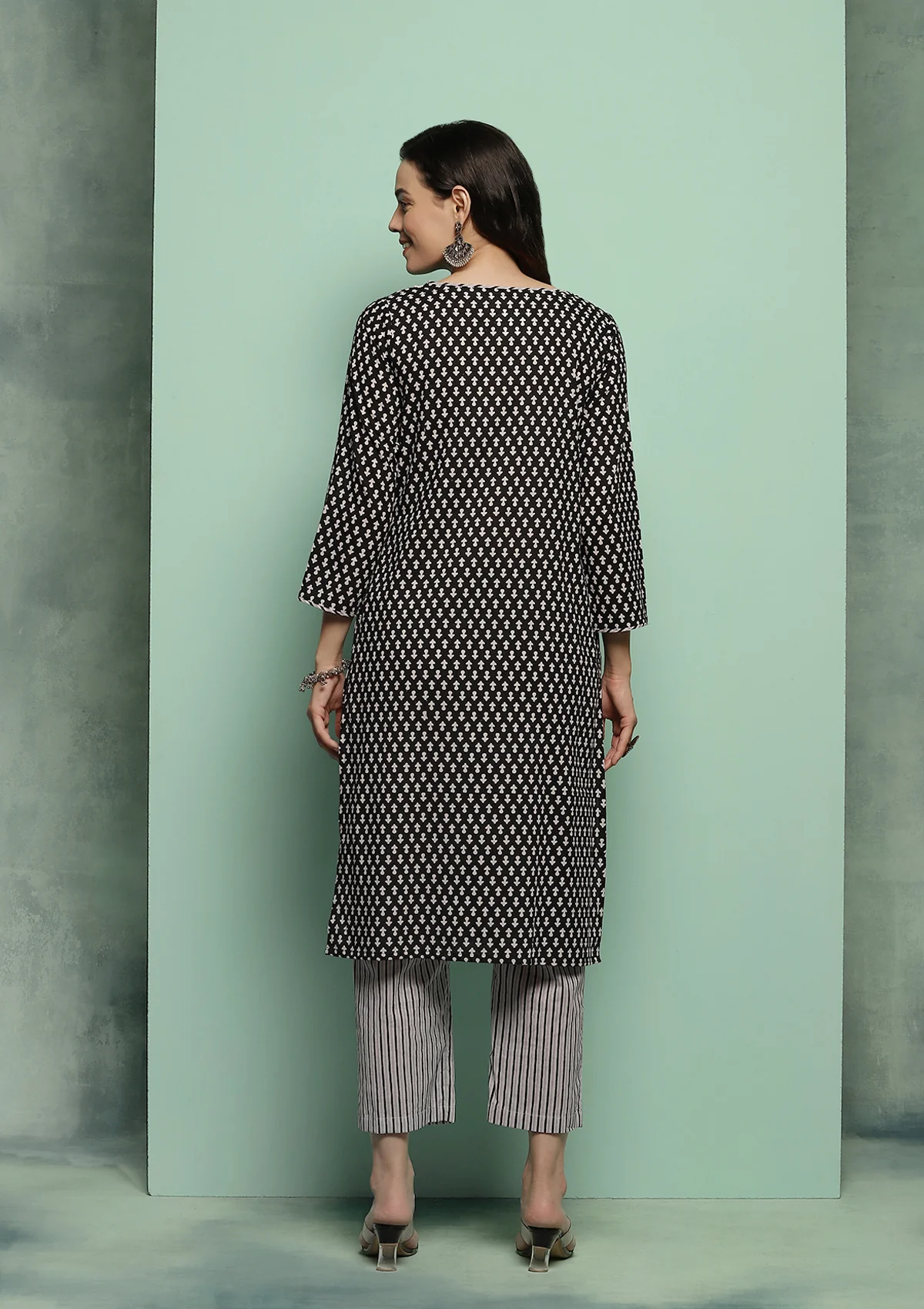 HOC Cotton Printed Women's 2 PC Long Kurta Set - Black - Healthber