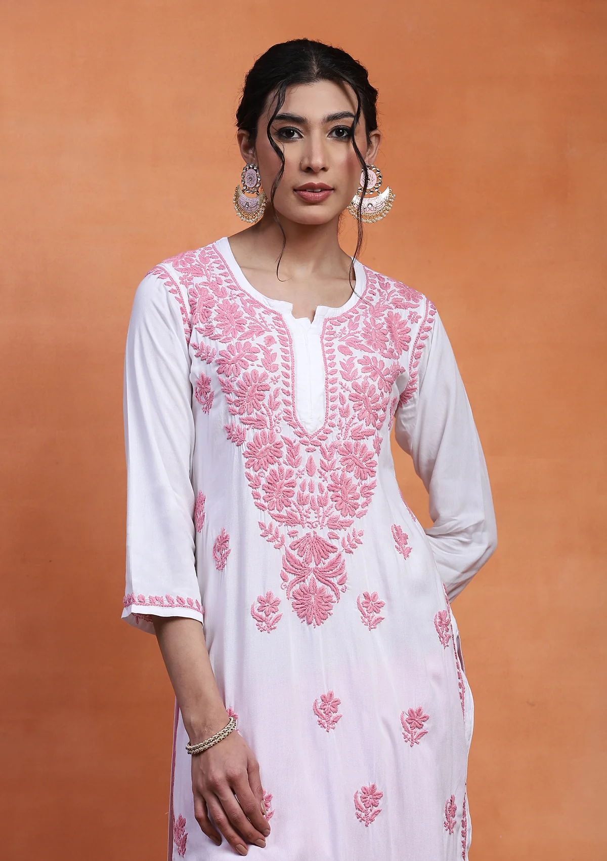 HOC Rayon Chikankari Solid Women's Long Kurta - White - Healthber