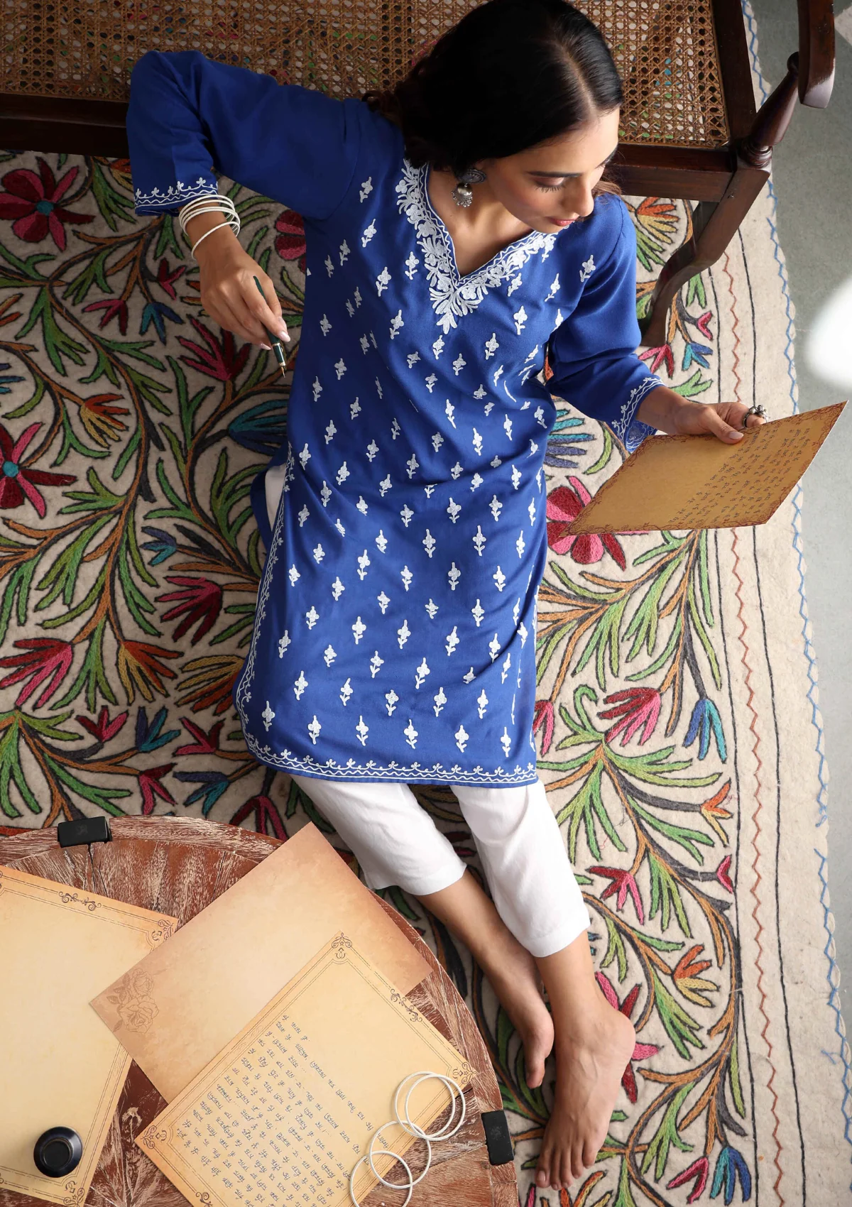 HOC Aari Embroidered Cotton Solid Women's Long Kurta - Blue - Healthber