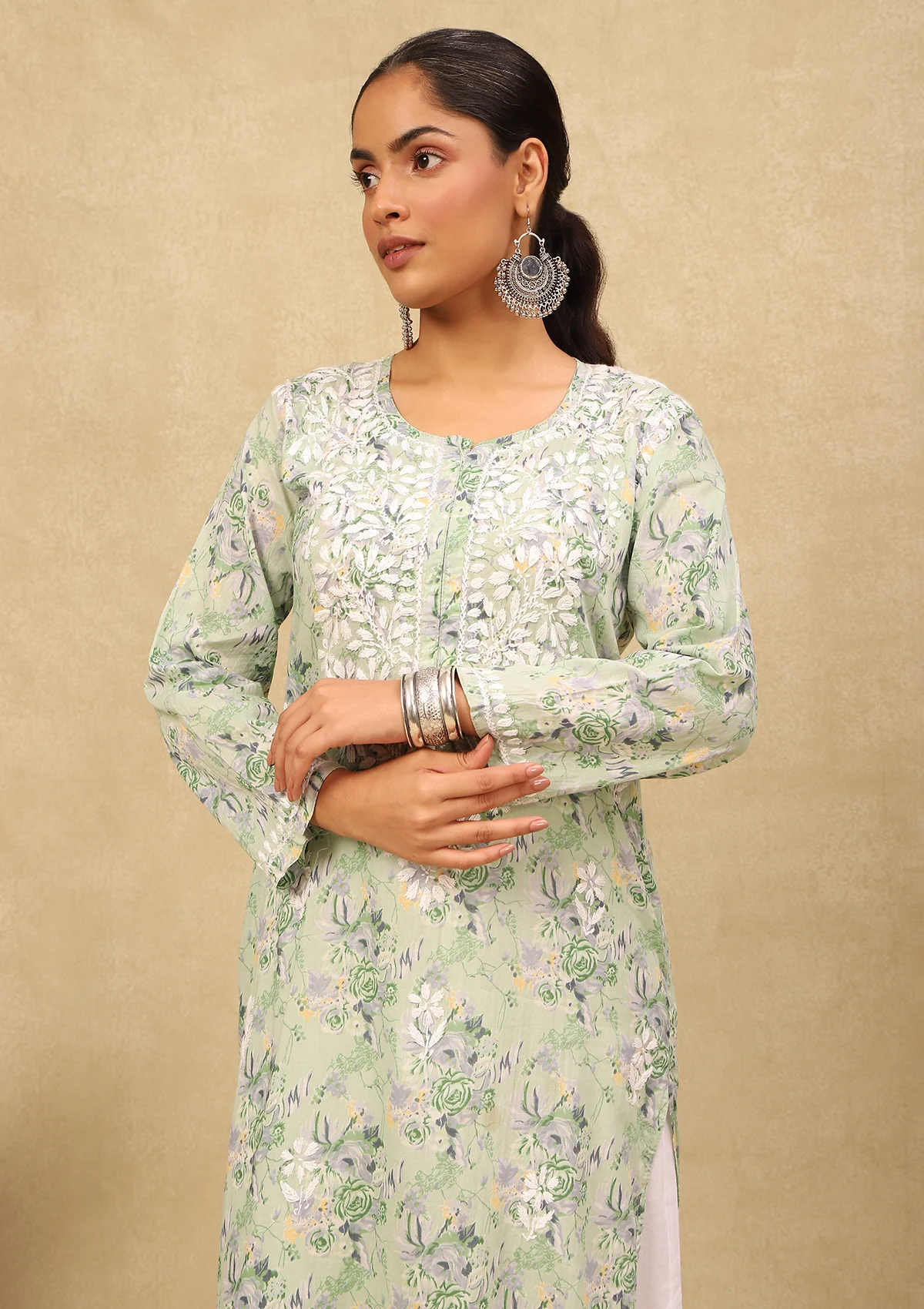 HOC Mulmul Chikankari Printed Women's Long Kurta -Light Green - Healthber