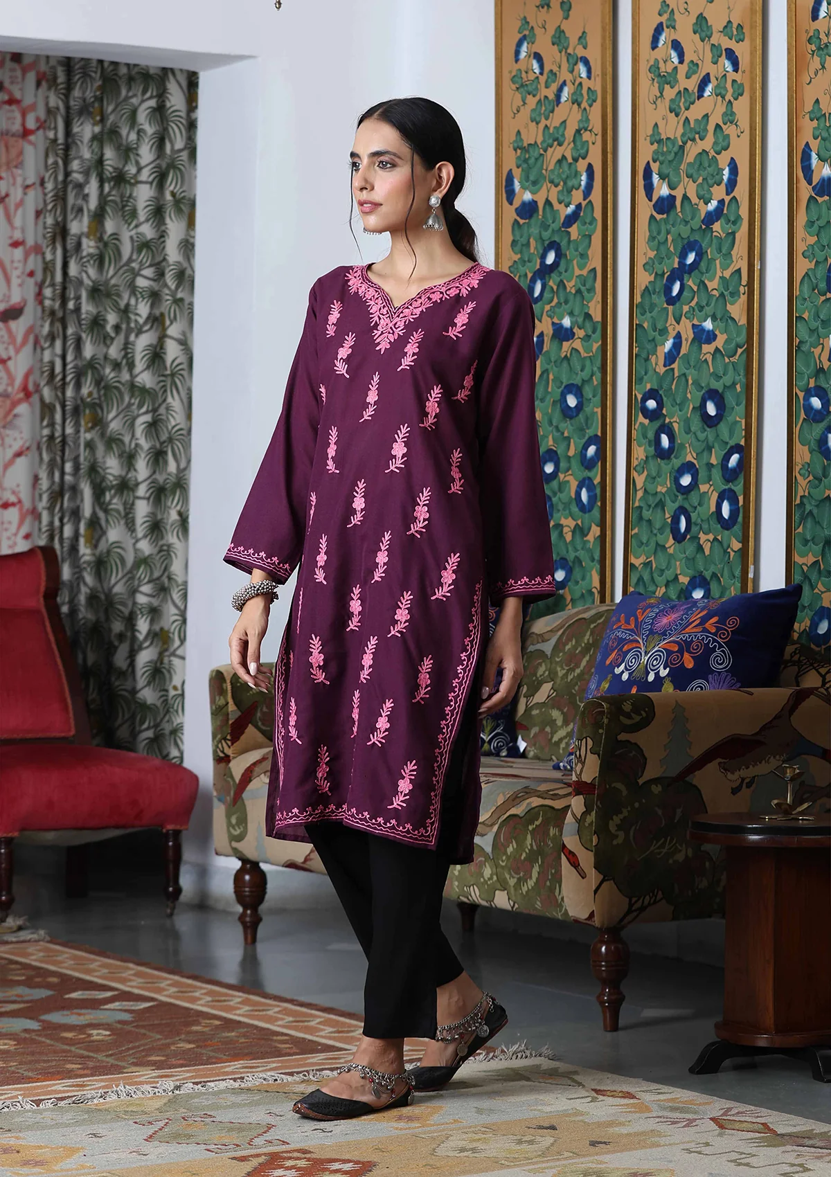 HOC Aari Embroidered Cotton Solid Women's Long Kurta - Dark Purple - Healthber