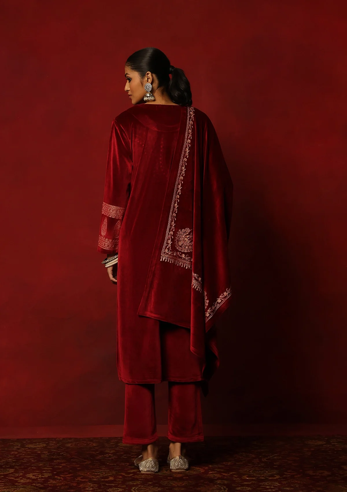 HOC Velvet Embroidered & Embellished Solid Women's 3 PC Kurta Set- Maroon - Healthber