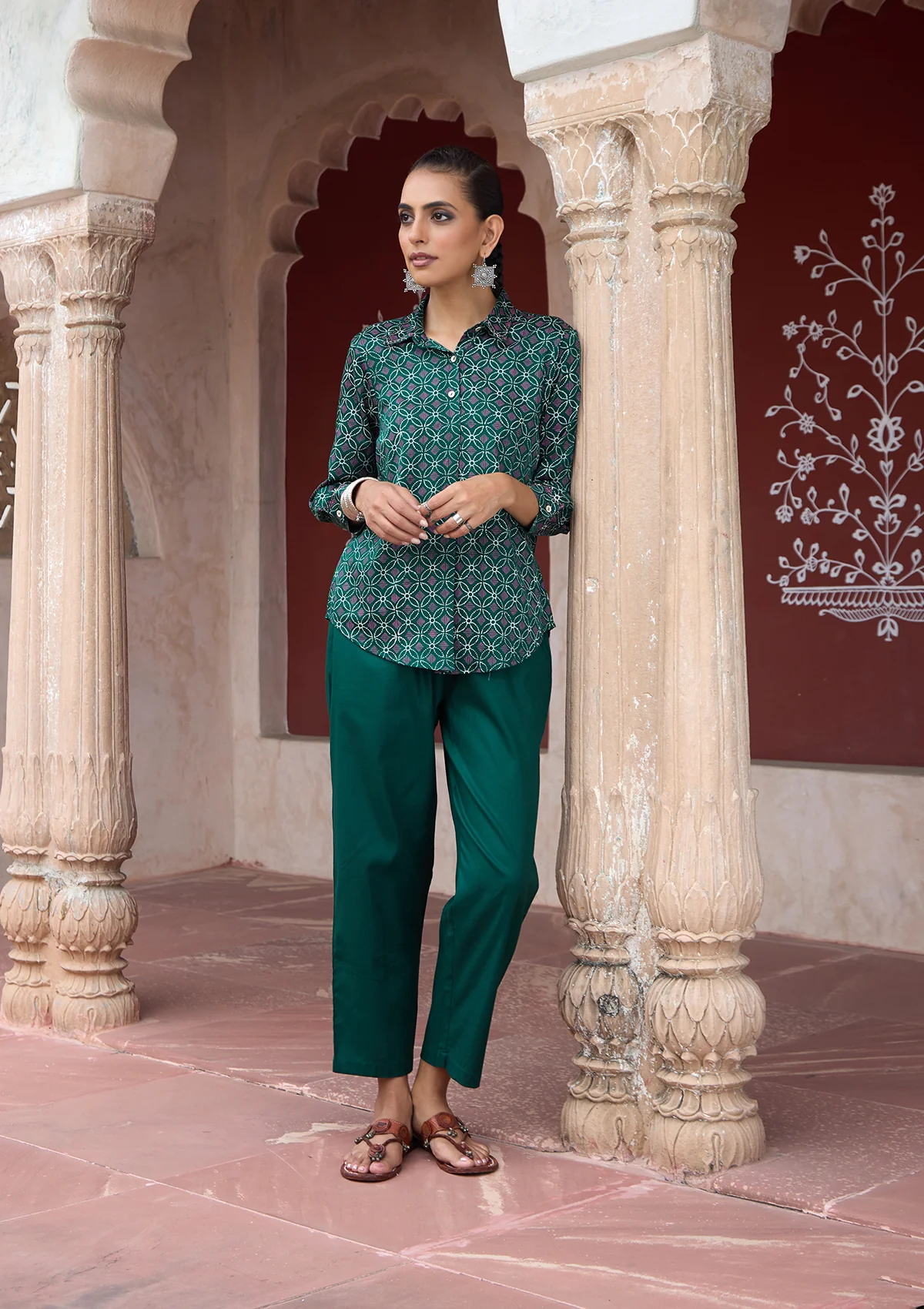 HOC Glazed Cotton Hand Block Printed with Hand Embroidery Women's 2 PC Co-ord Set - Dark Green - Healthber