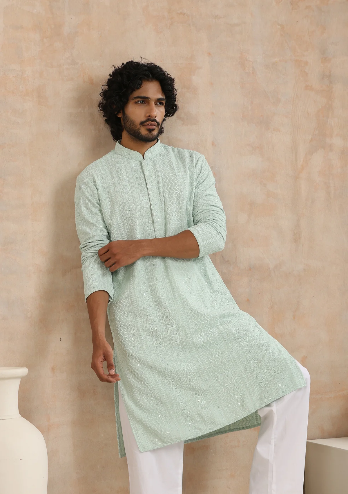 HOC Rayon Schiffli Solid Men's Long Kurta- Green - Healthber