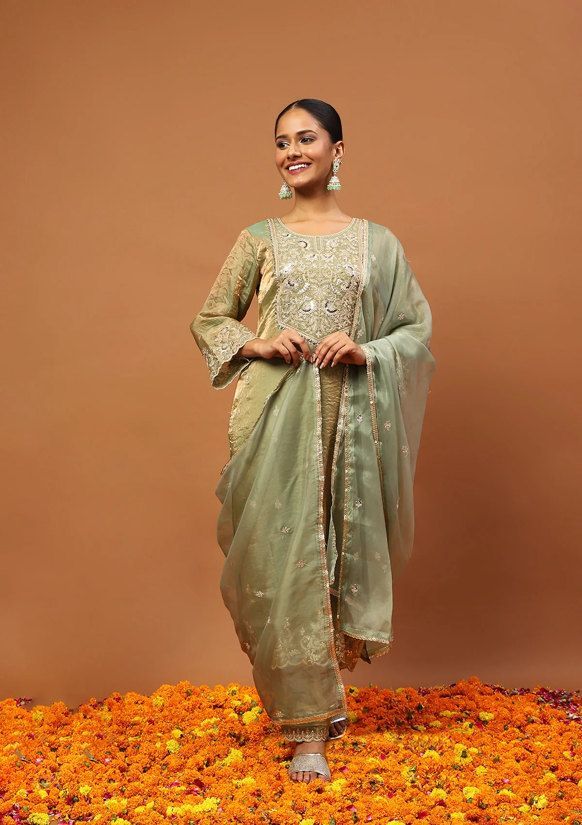 HOC Satin Tissue Silk Zardozi with Sequins Solid Women  s 3 PC Straight Kurta Set - Pista Green - Healthber