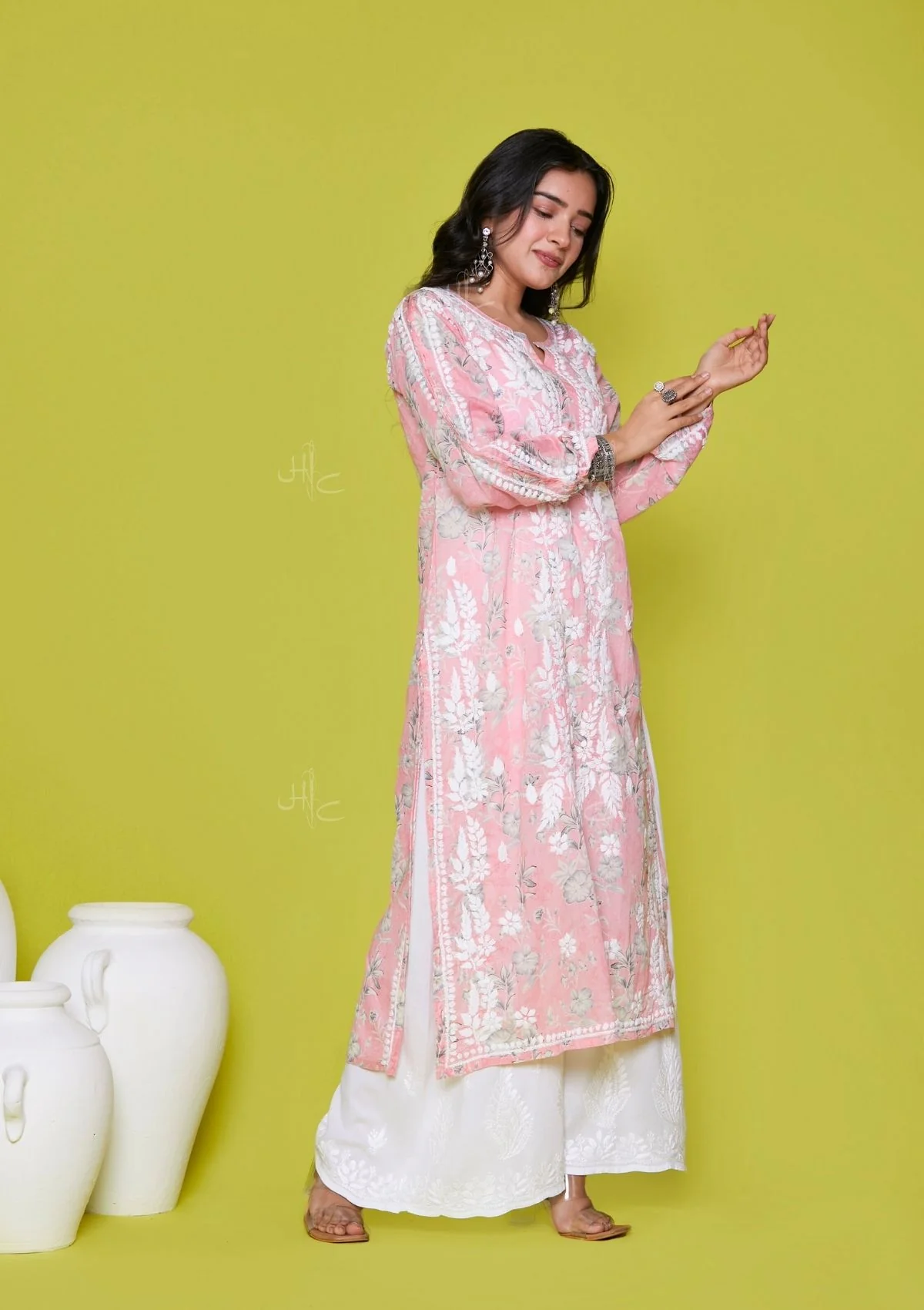 Mulmul Chikankari Printed Women's Long Kurta - Pink - Healthber