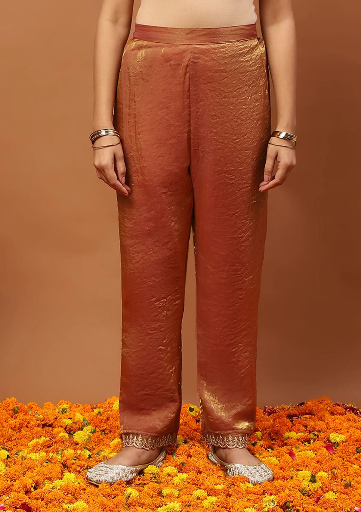 HOC Satin Tissue Silk Zardozi with Sequins Solid Women  s 3 PC Straight Kurta Set - Copper - Healthber