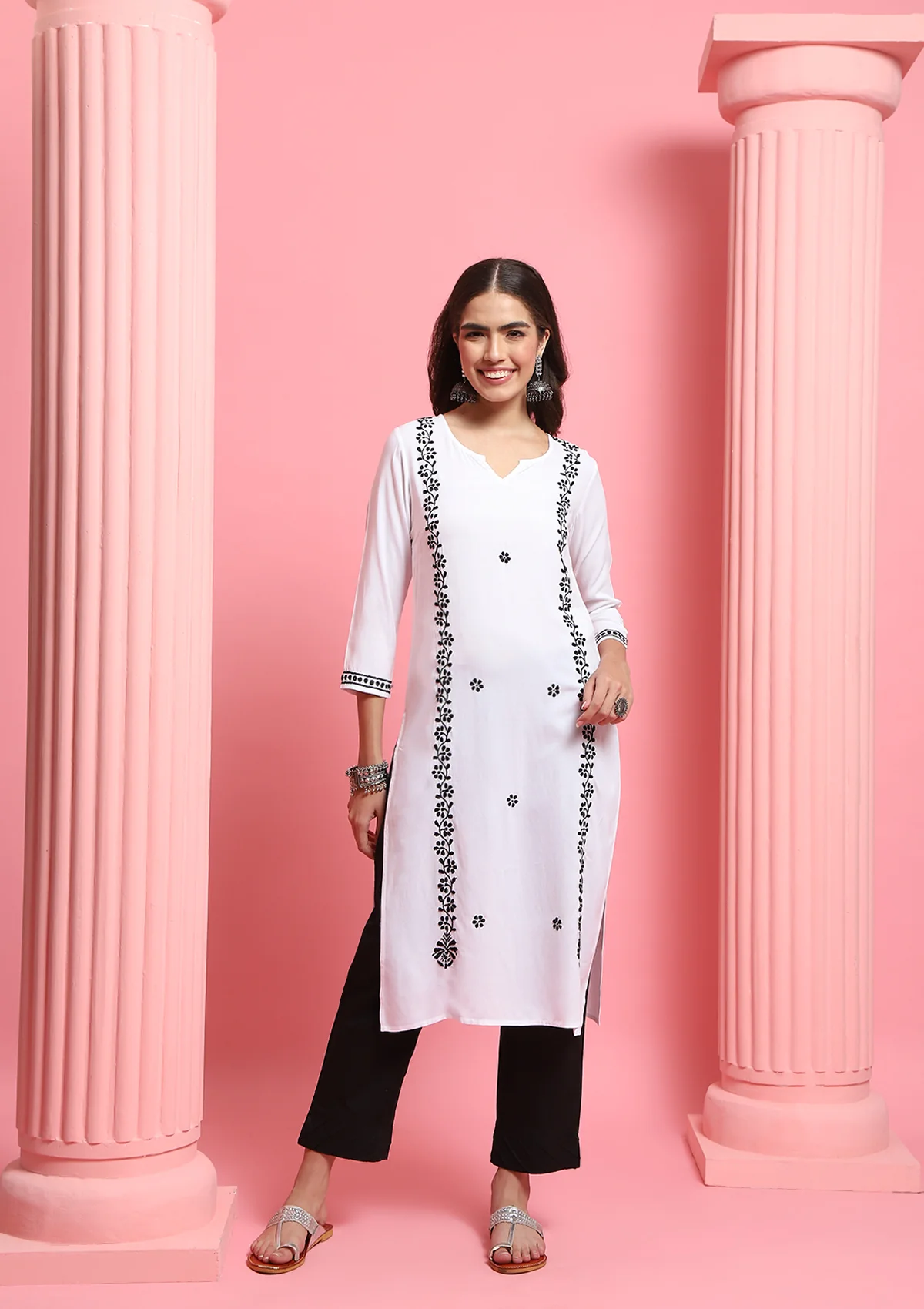 Rayon Chikankari Solid Women's Long Kurta - White - Healthber