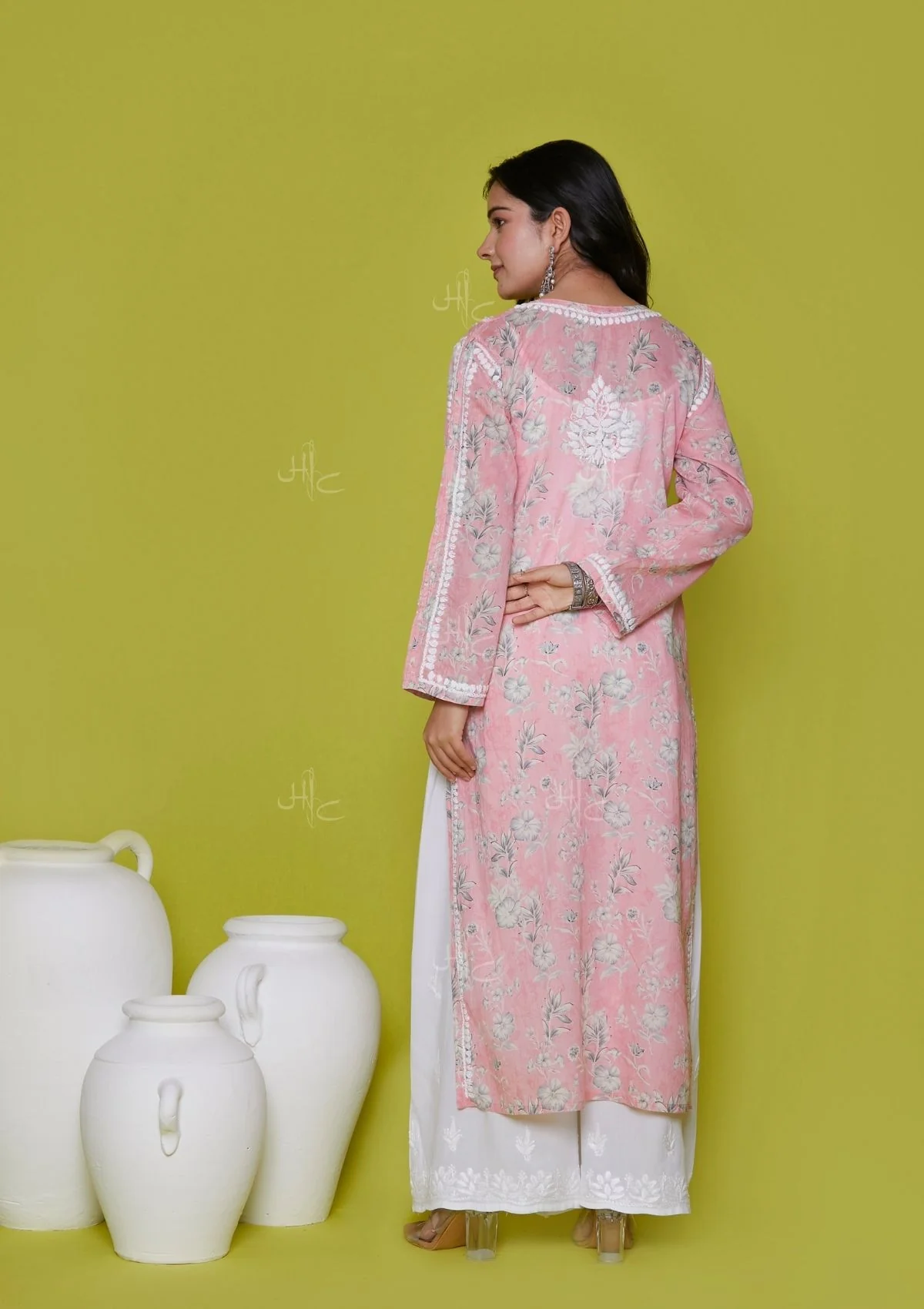 Mulmul Chikankari Printed Women's Long Kurta - Pink - Healthber