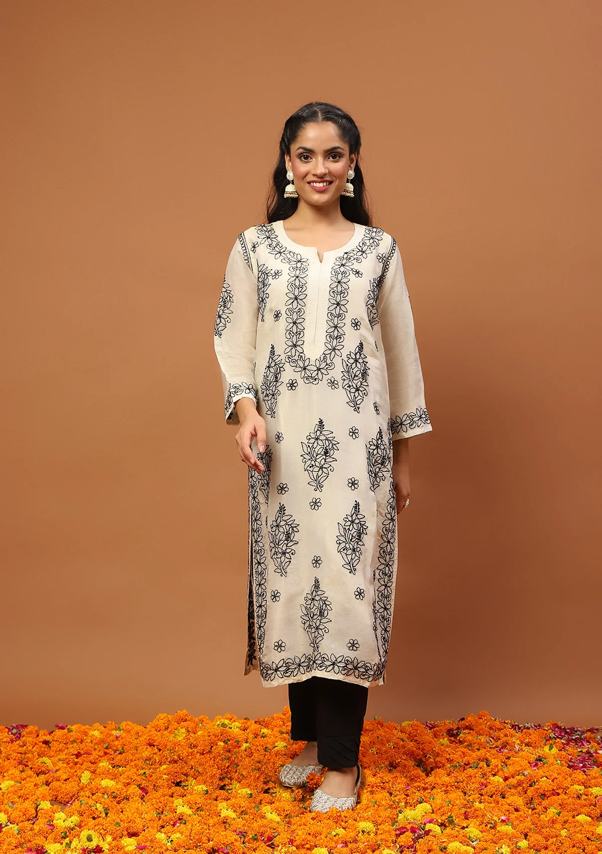 HOC Tissue Silk Chikankari Solid Women's Straight Kurta  C Beige - Healthber