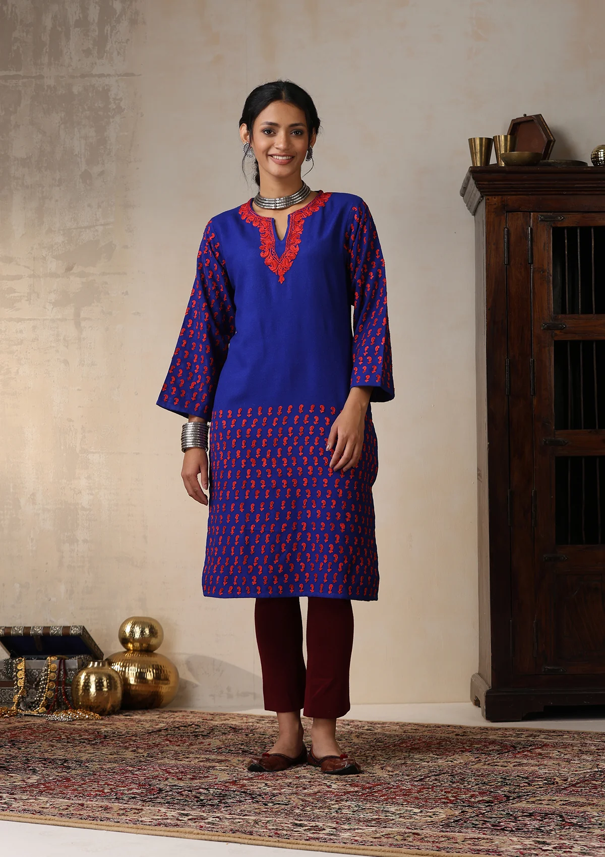 HOC Aari Embroidered Woollen Solid Women's Long Kurta - Royal Blue - Healthber