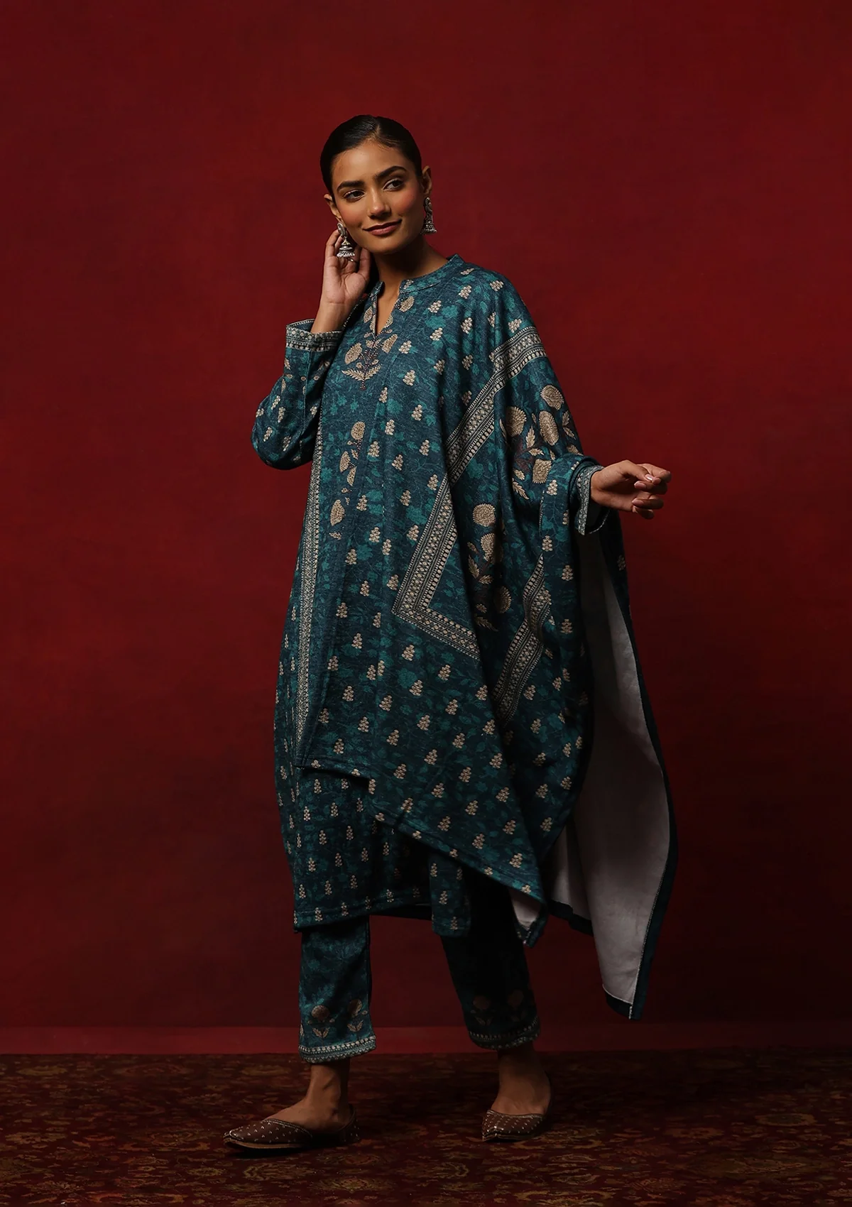 HOC Woollen Hand Embellished Printed Women's 3 PC Kurta Set - Teal Green - Healthber