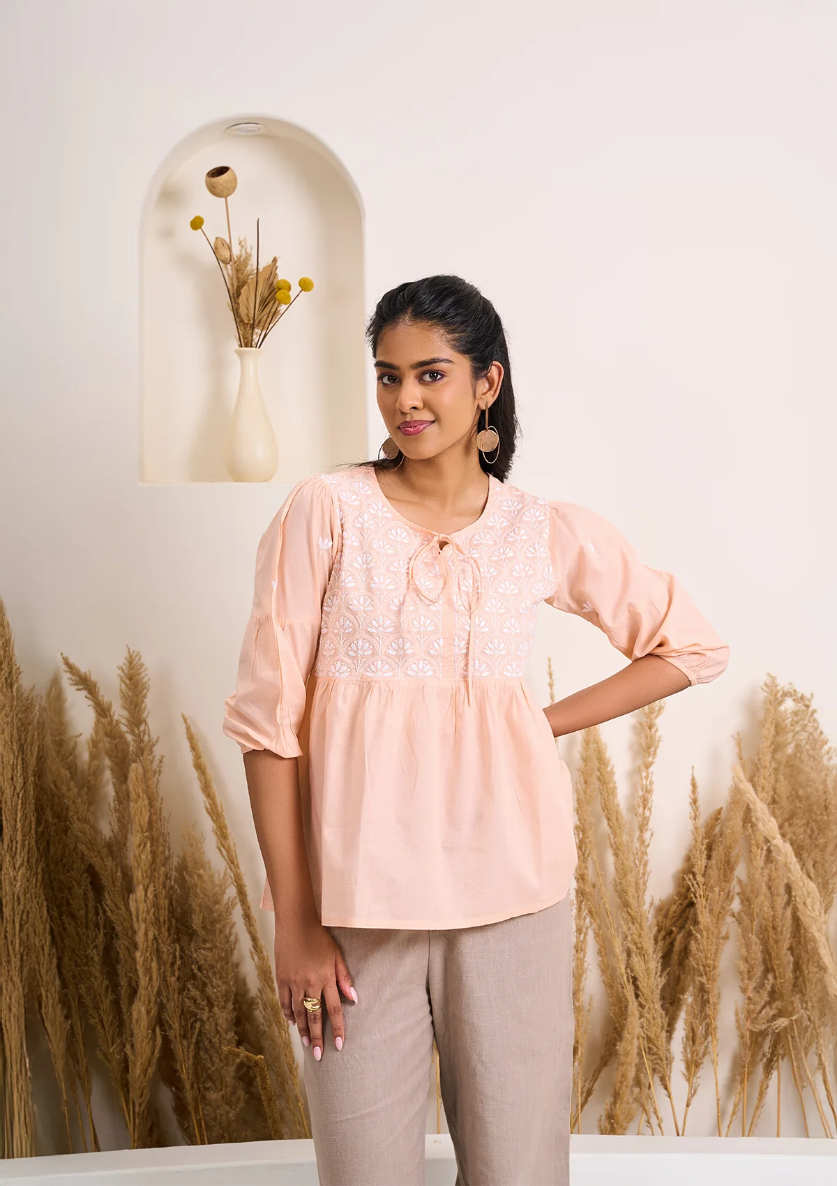 HOC Cotton Chikankari Solid Women's Top - Peach - Healthber