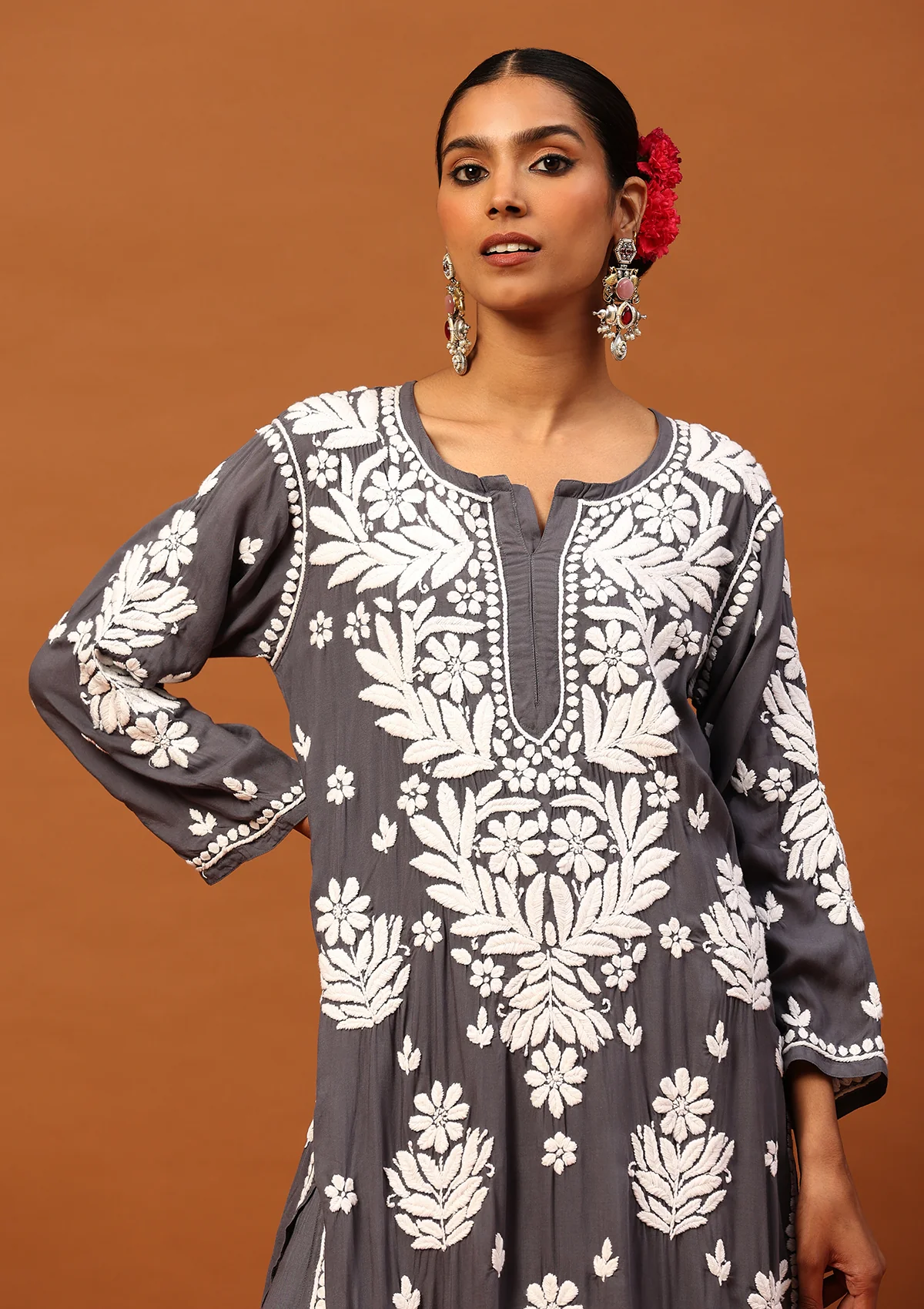 HOC Modal Chikankari Solid Women's 2 PC Long Kurta Set -Grey - Healthber