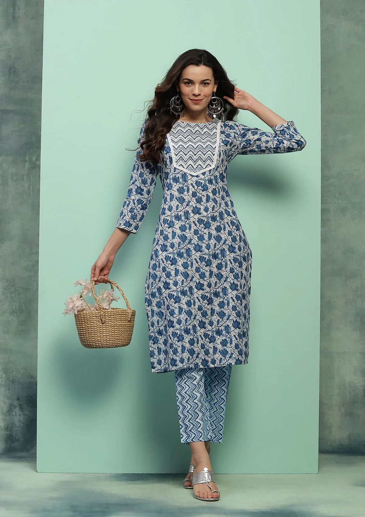 HOC Cotton Printed Women's 2 PC Long Kurta Set - Blue - Healthber