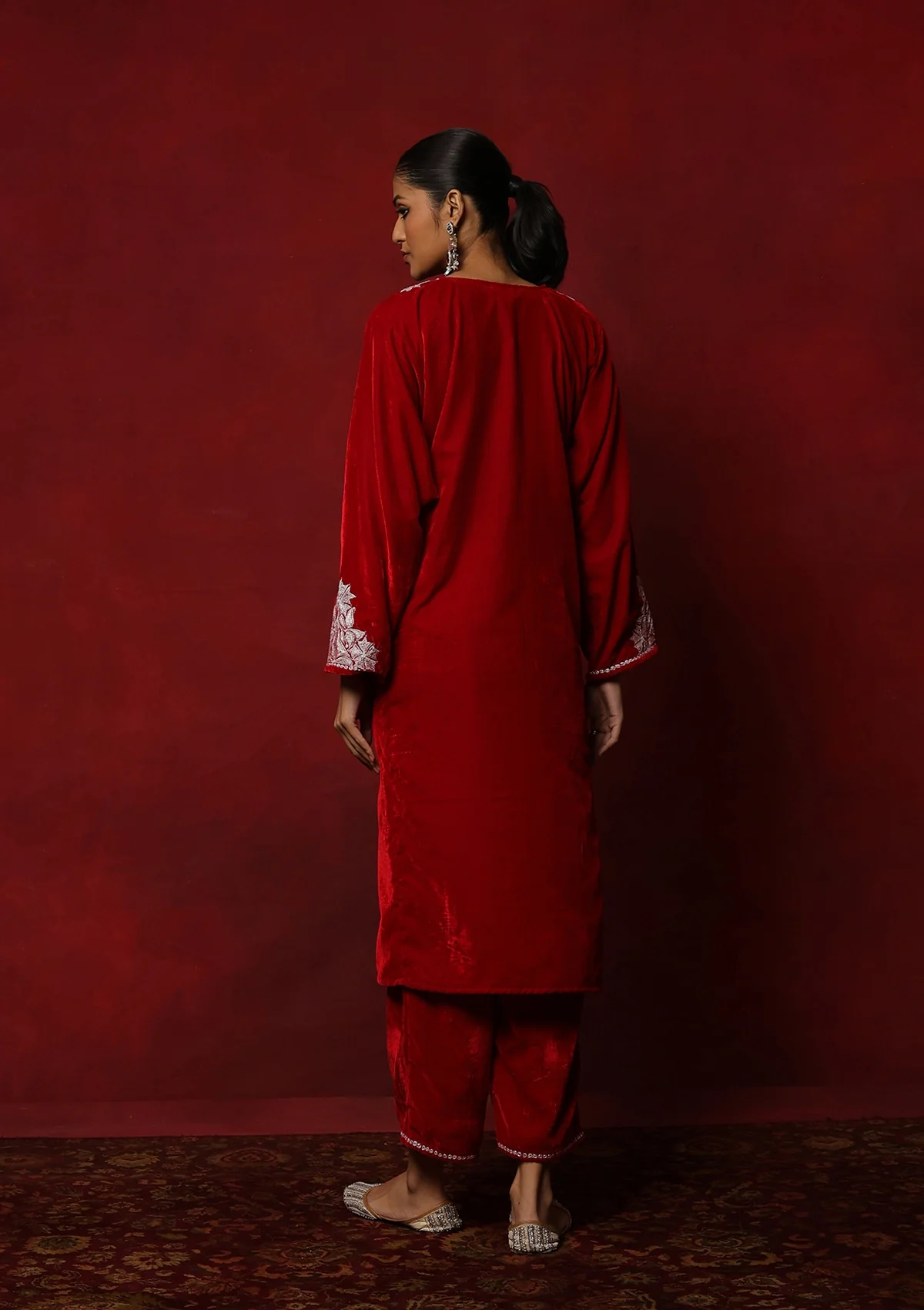 HOC Kashmiri Velvet Tilla Embroidered Solid Women's 2 PC Phiran Set -Red - Healthber
