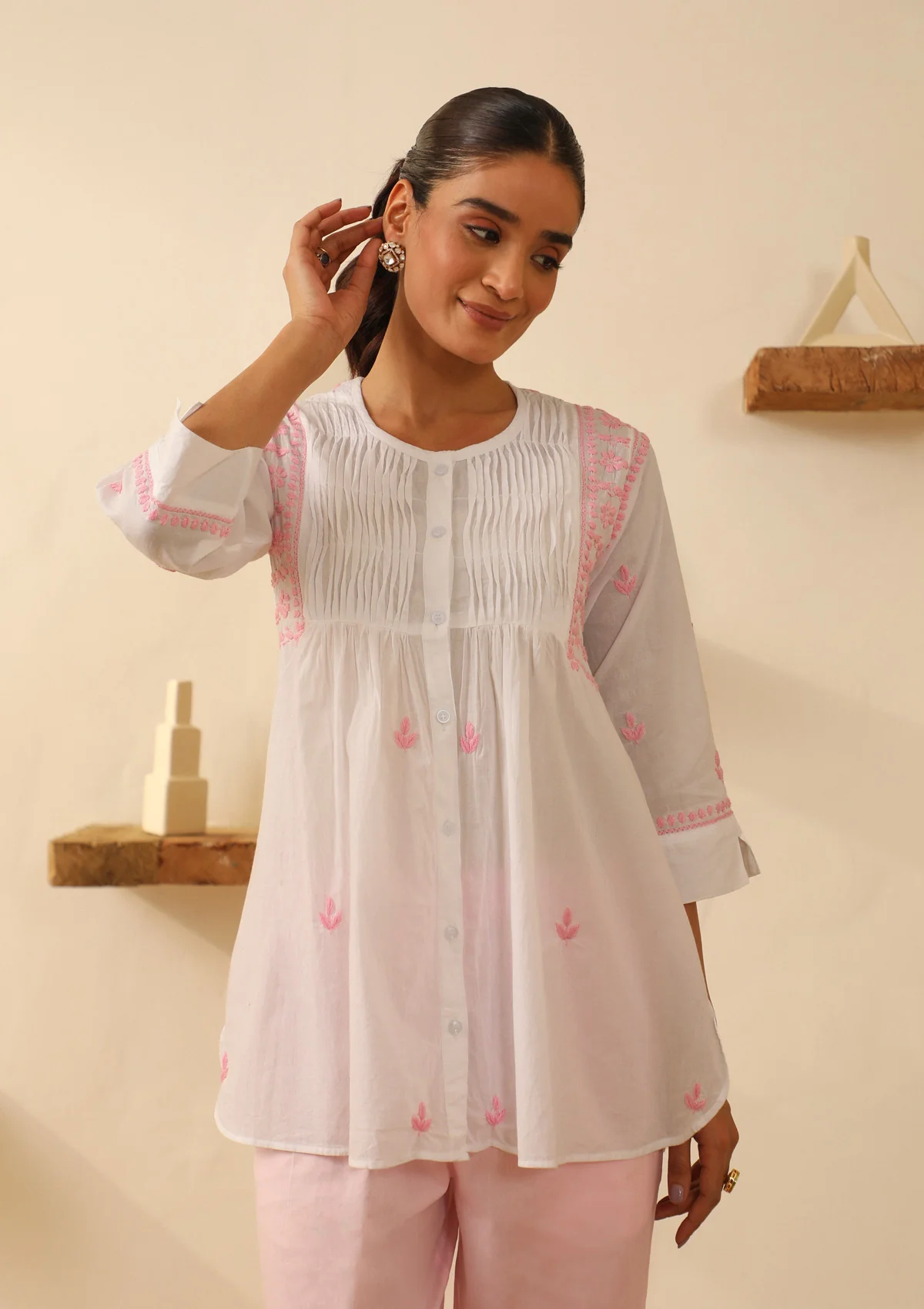 Cotton Chikankari Solid Women's Short Kurta - White - Healthber