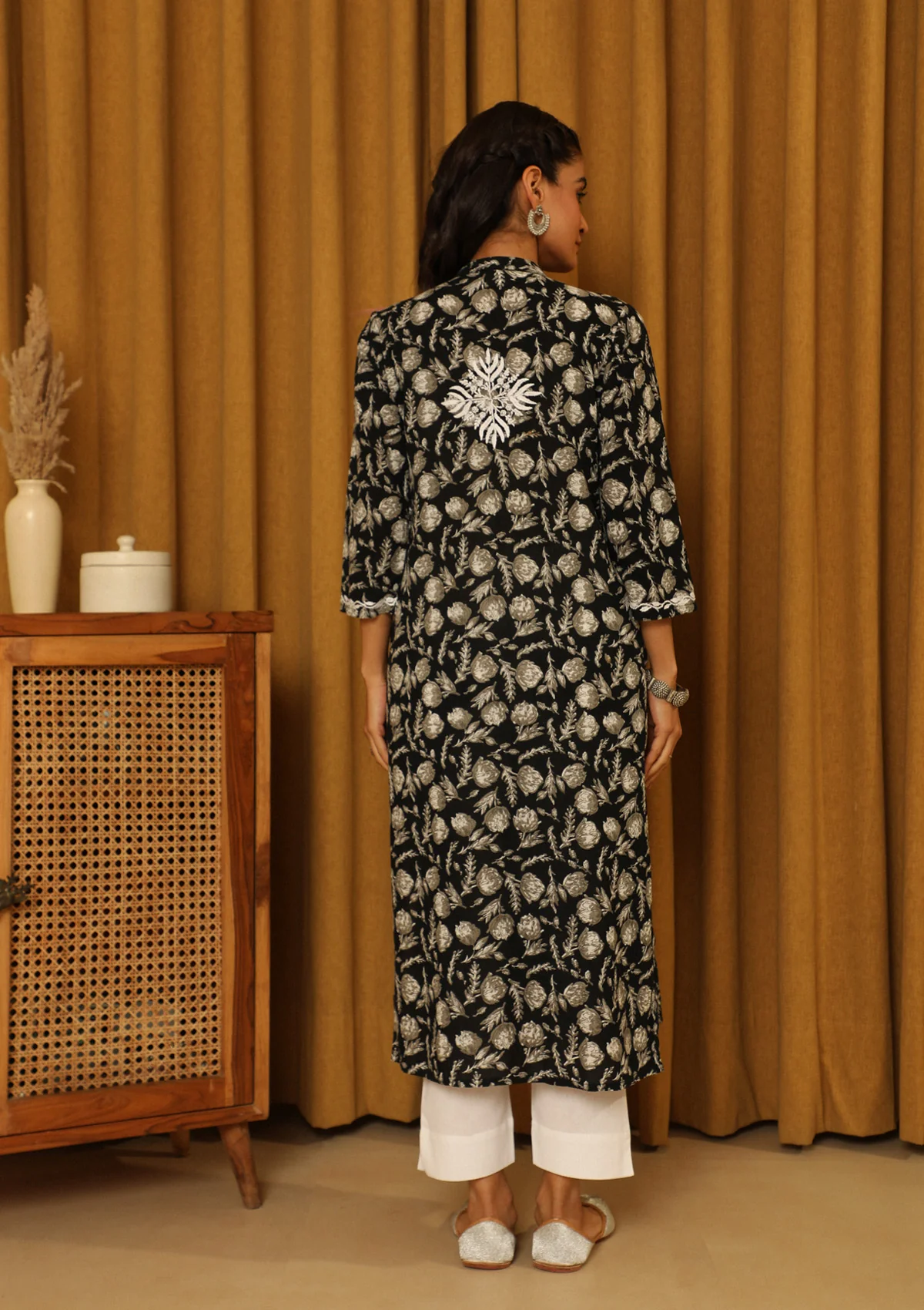 HOC Cotton Chikankari Printed Women's Long Kurta - Black - Healthber